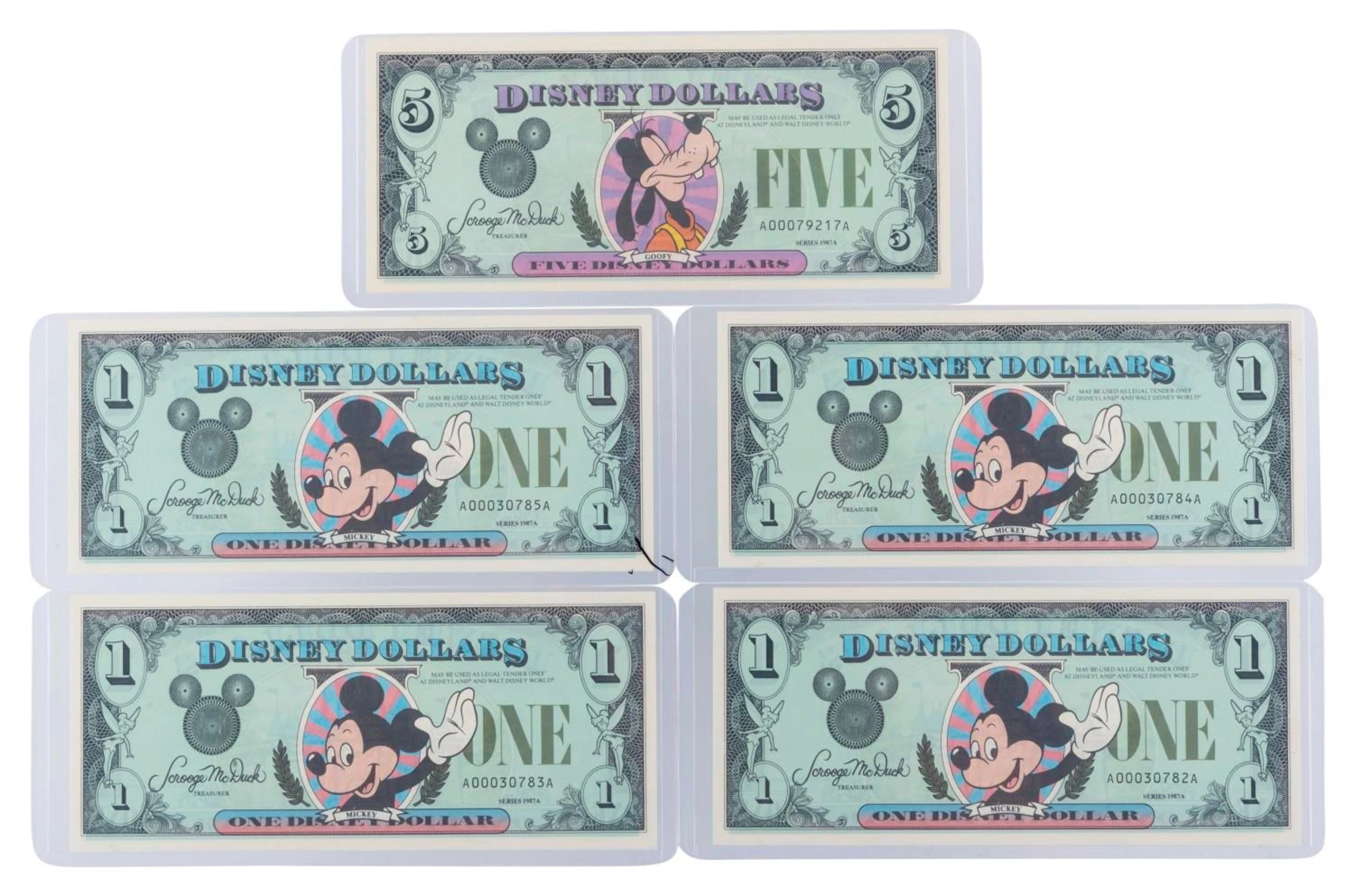 The Second Disneyland 1987 Series AA $1 and $5 Bills.