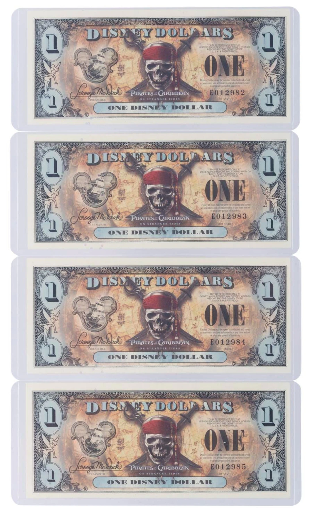 The 2011 Disney Dollars Queen Anne's Revenge Series $1 Bills.