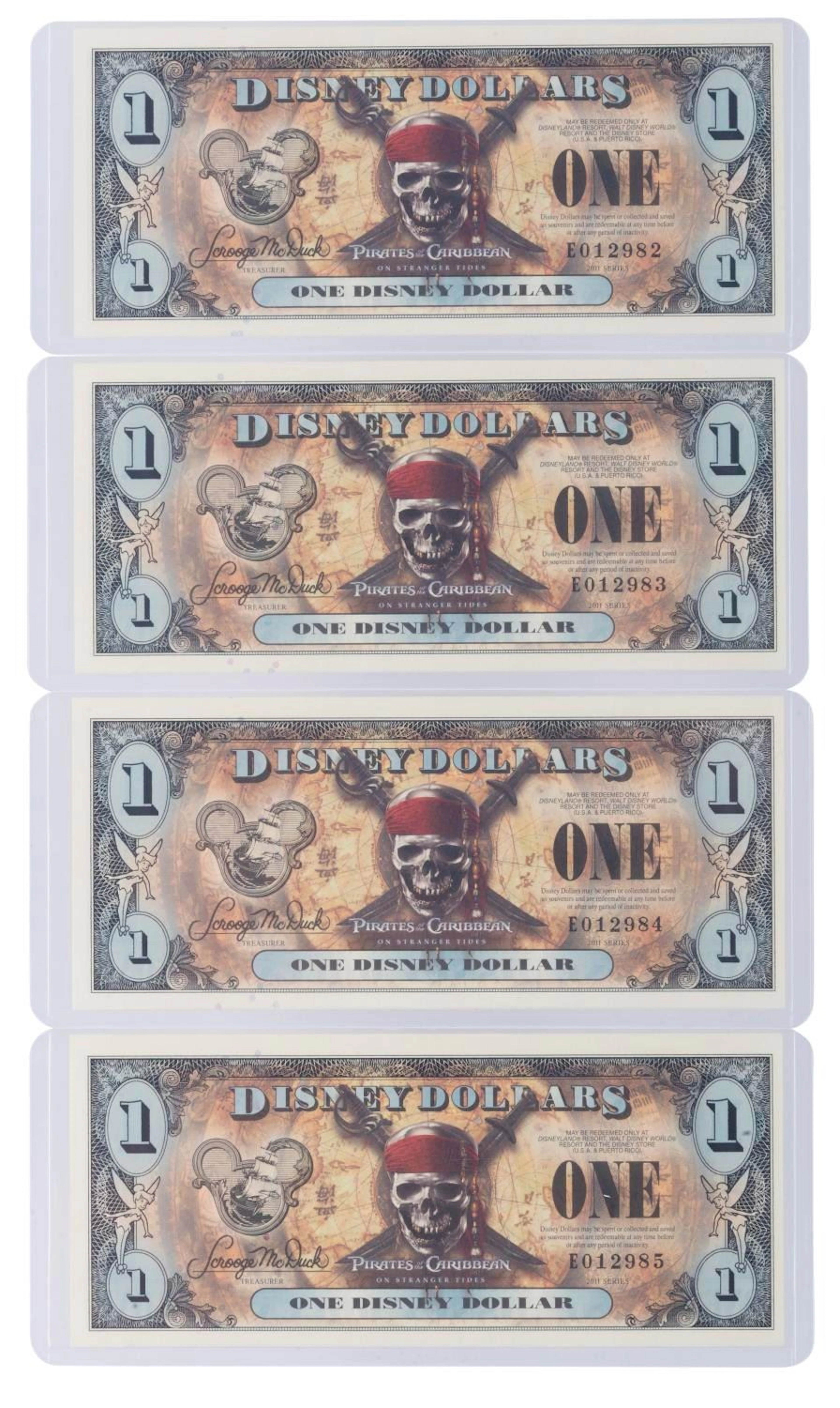 The 2011 Disney Dollars Queen Anne's Revenge Series $1 Bills.