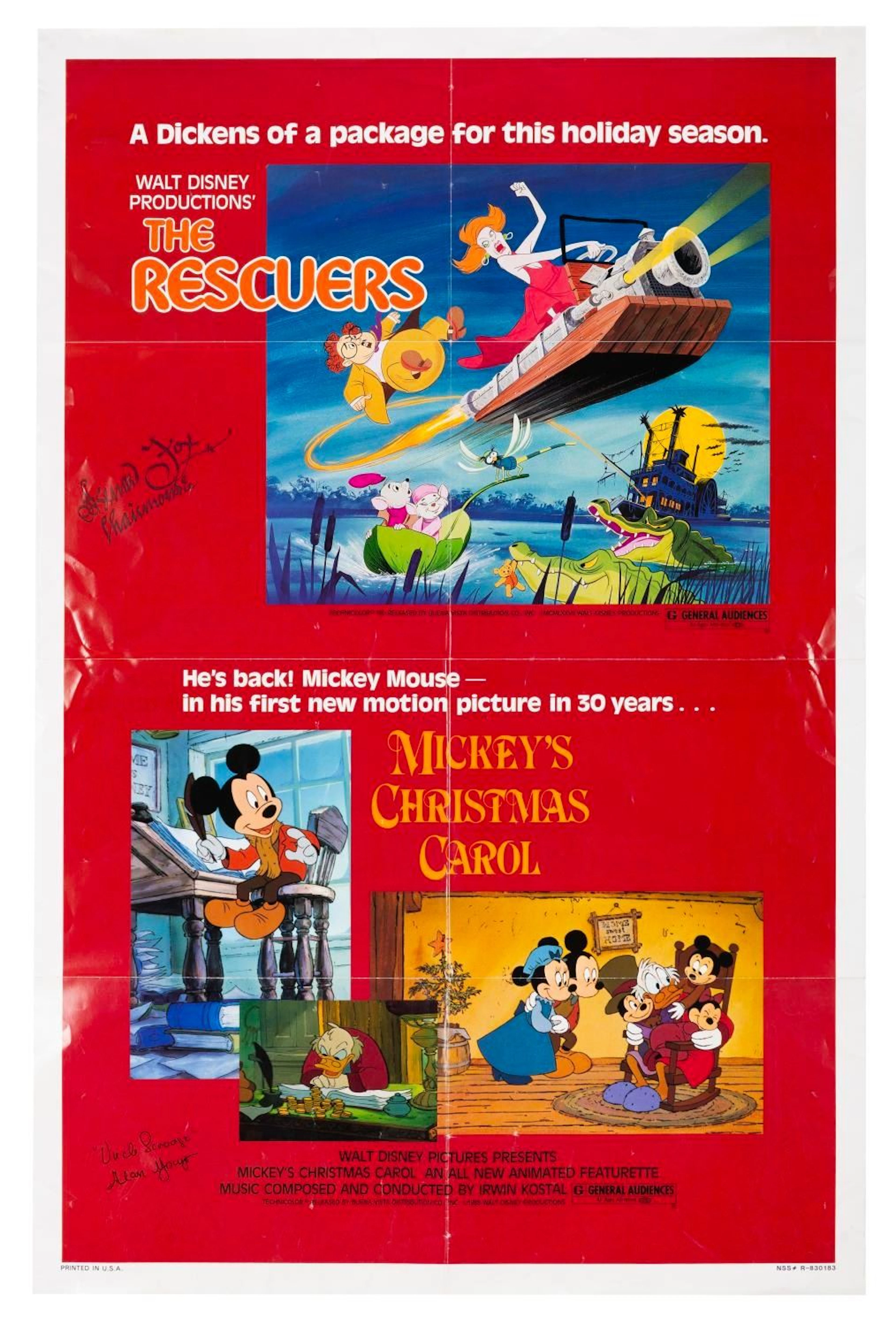A Signed"Mickey's Christmas Carol" &"The Rescuers" One-Sheet.