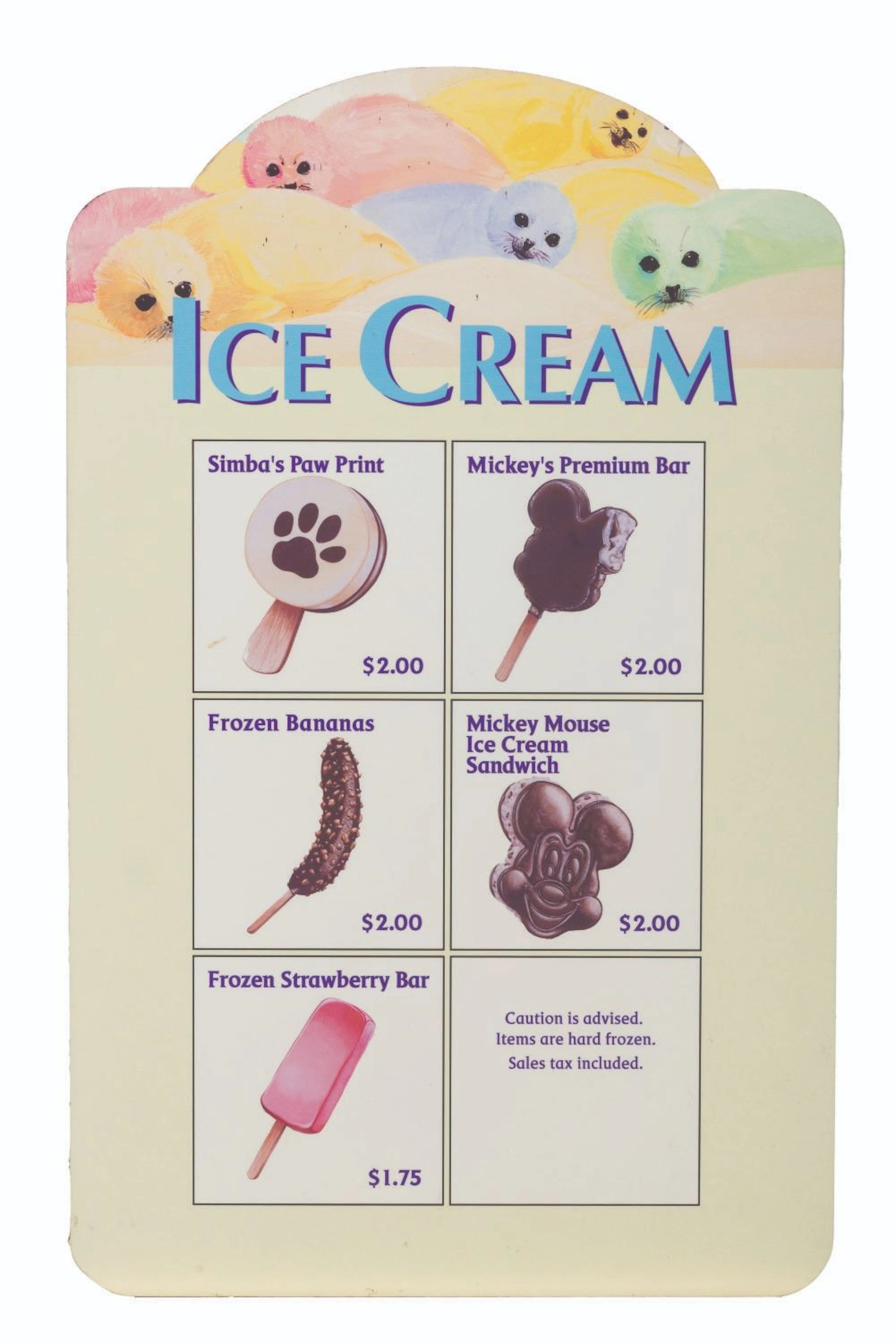 An Animal Kingdom Ice Cream Menu Board.