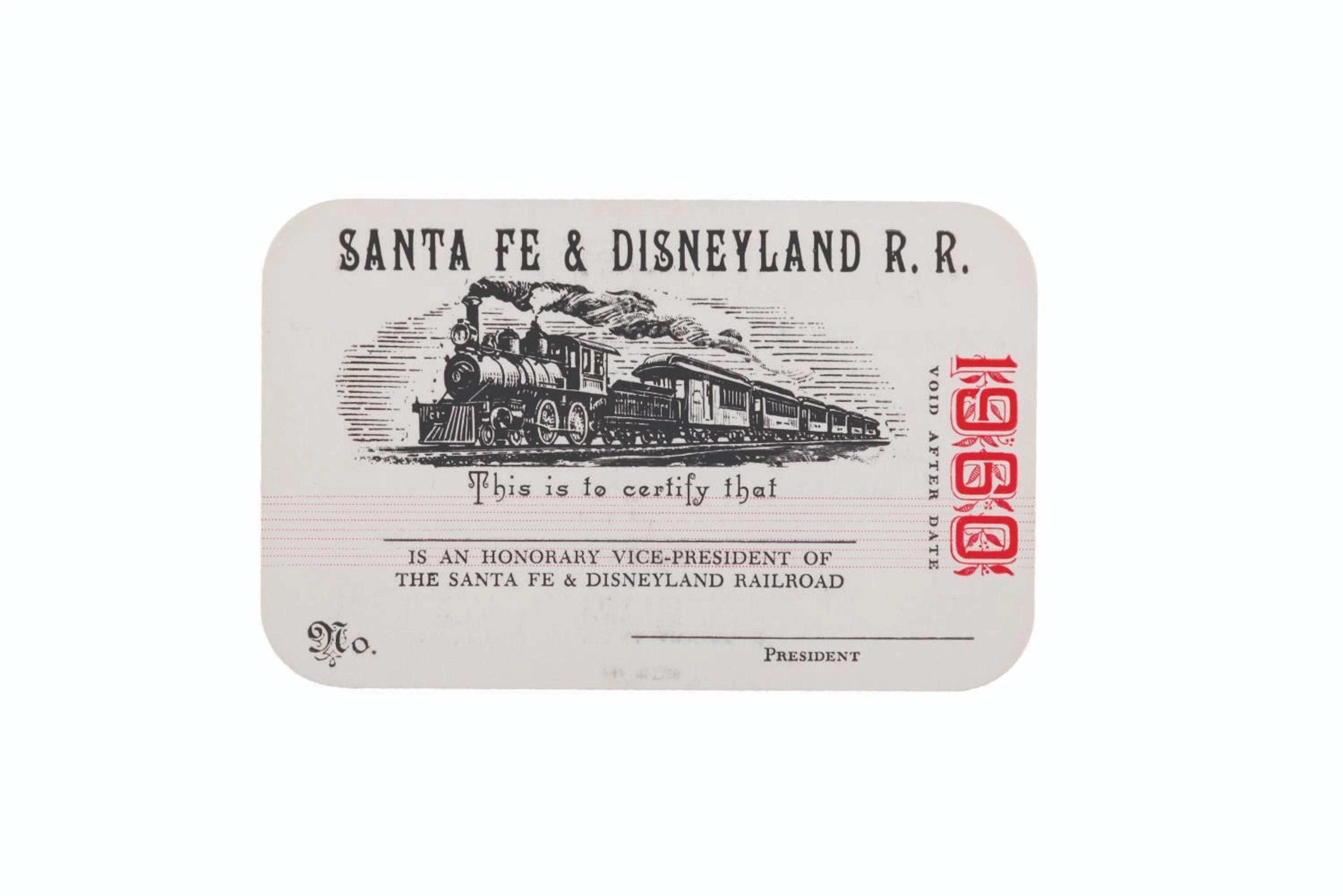 A Santa Fe & Disneyland R. R. Honorary Vice-President Card.