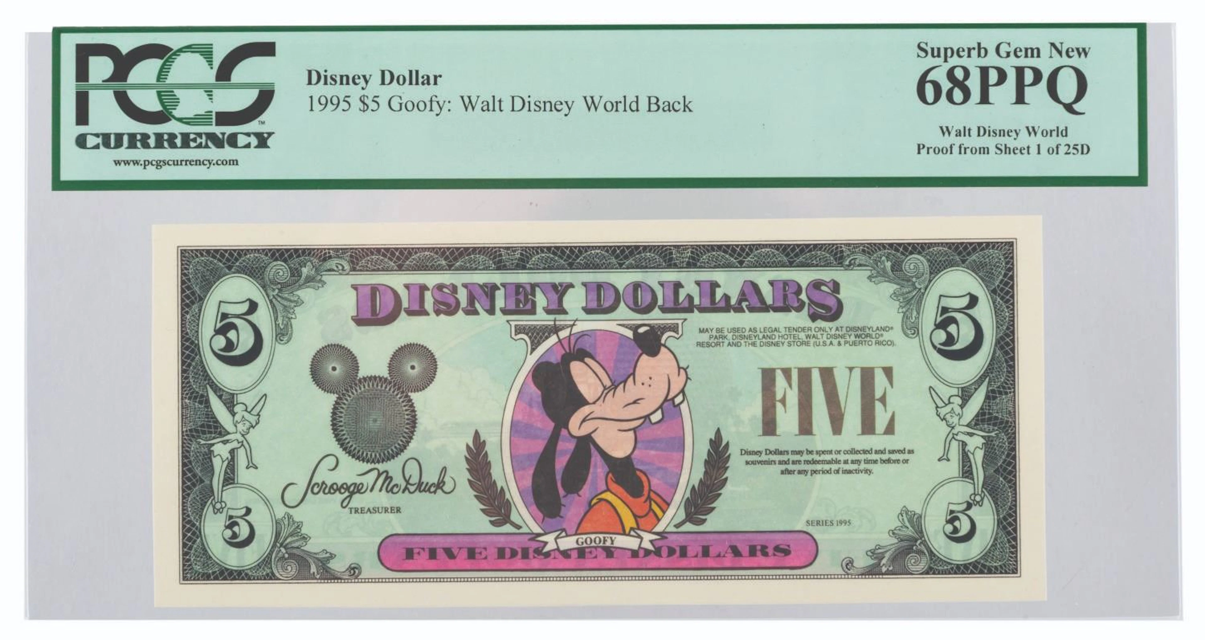 A 1995 $5 Goofy Disney Dollar.
