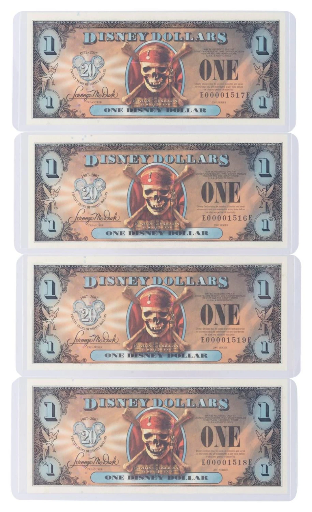 The 2007 Disney Dollars 20th Anniversary Empress Series $1 Bills.