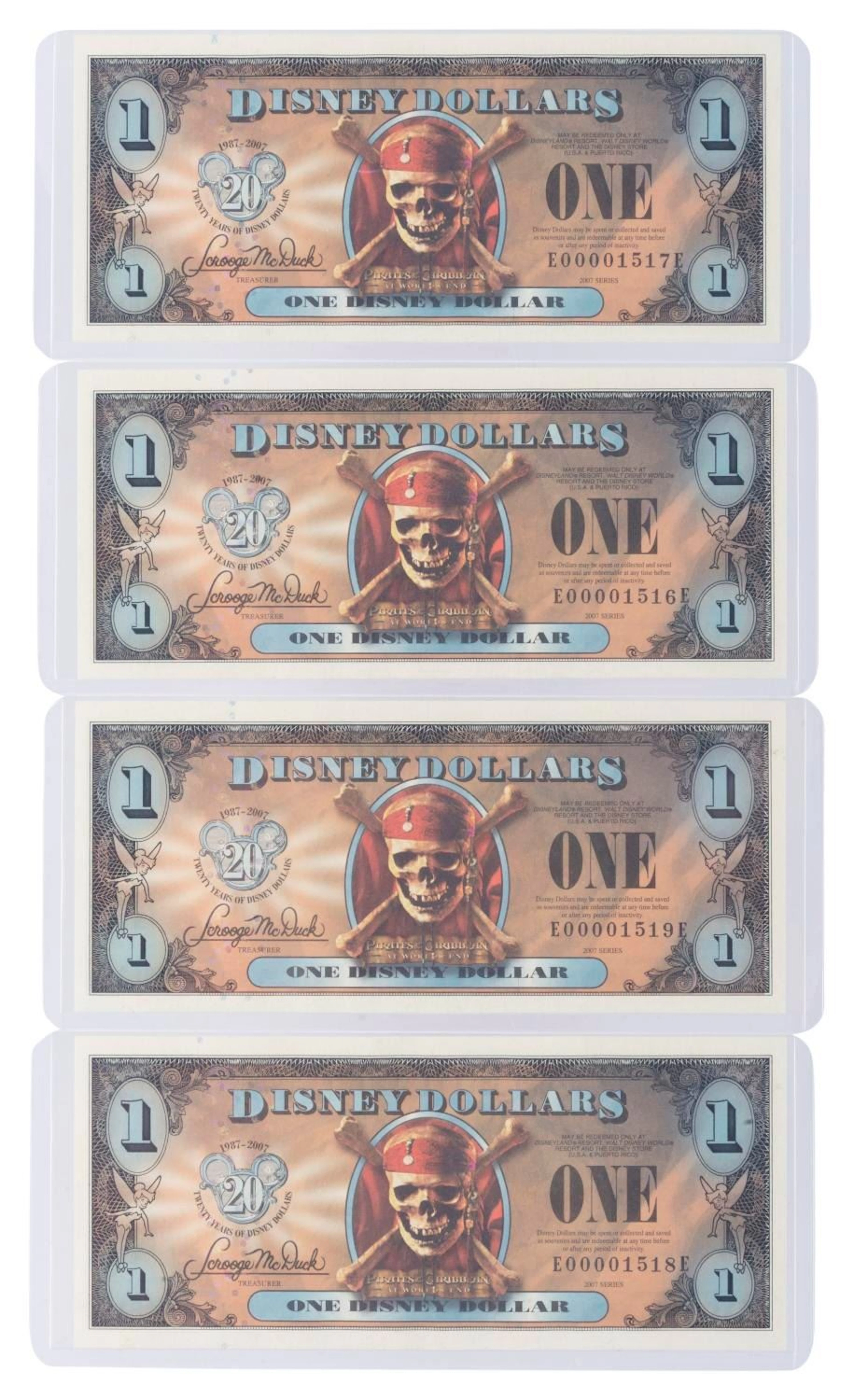 The 2007 Disney Dollars 20th Anniversary Empress Series $1 Bills.