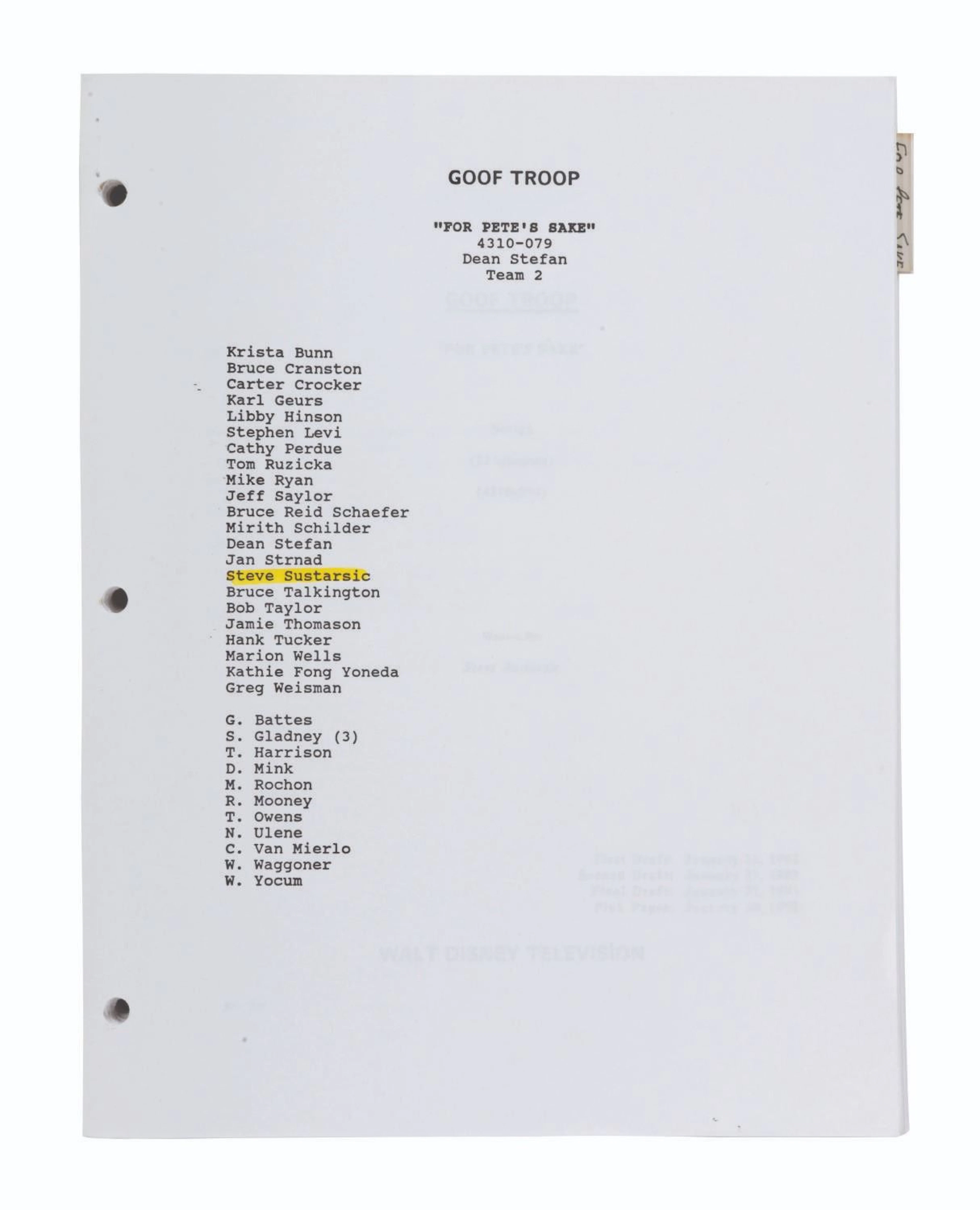 A “Goof Troop” Script with Development Package.