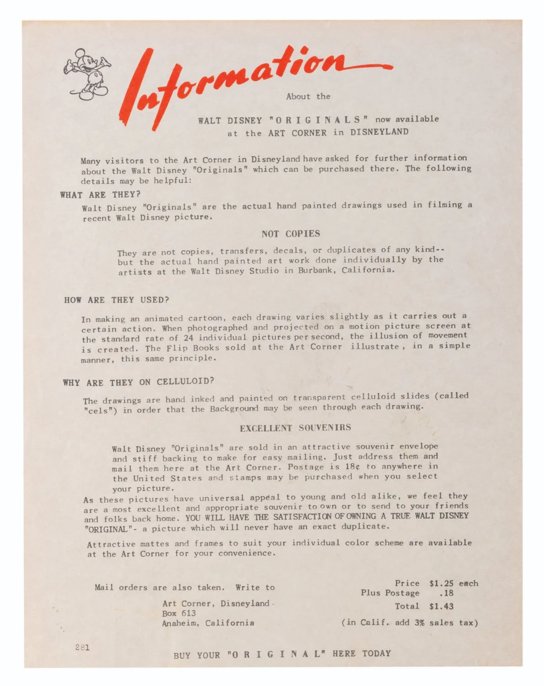 A Disneyland Art Corner Originals Information Flyer.