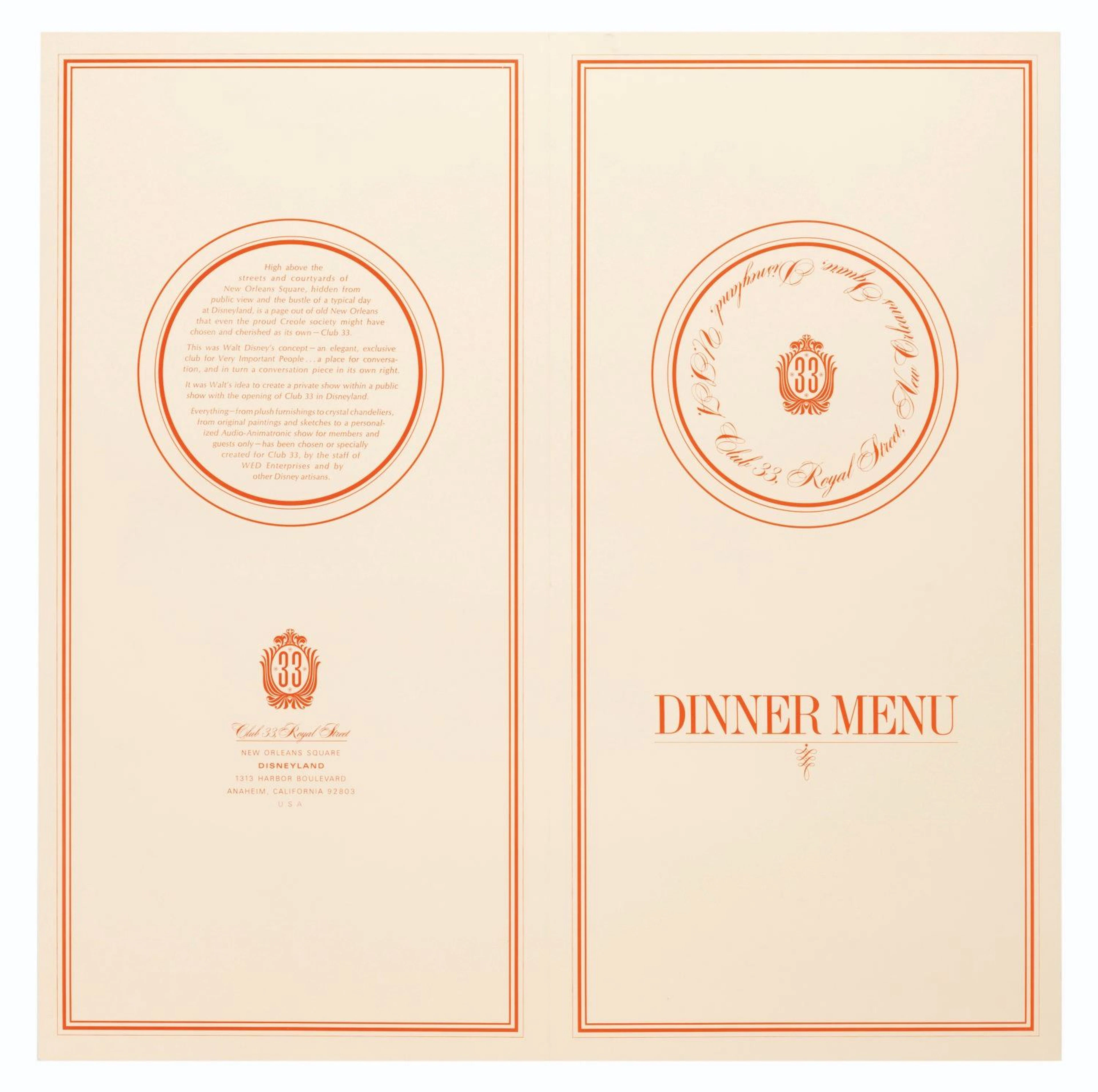 An Early Unfolded Club 33 Menu.