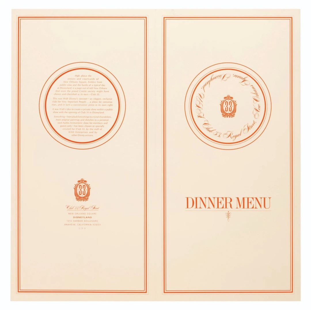 An Early Unfolded Club 33 Menu.