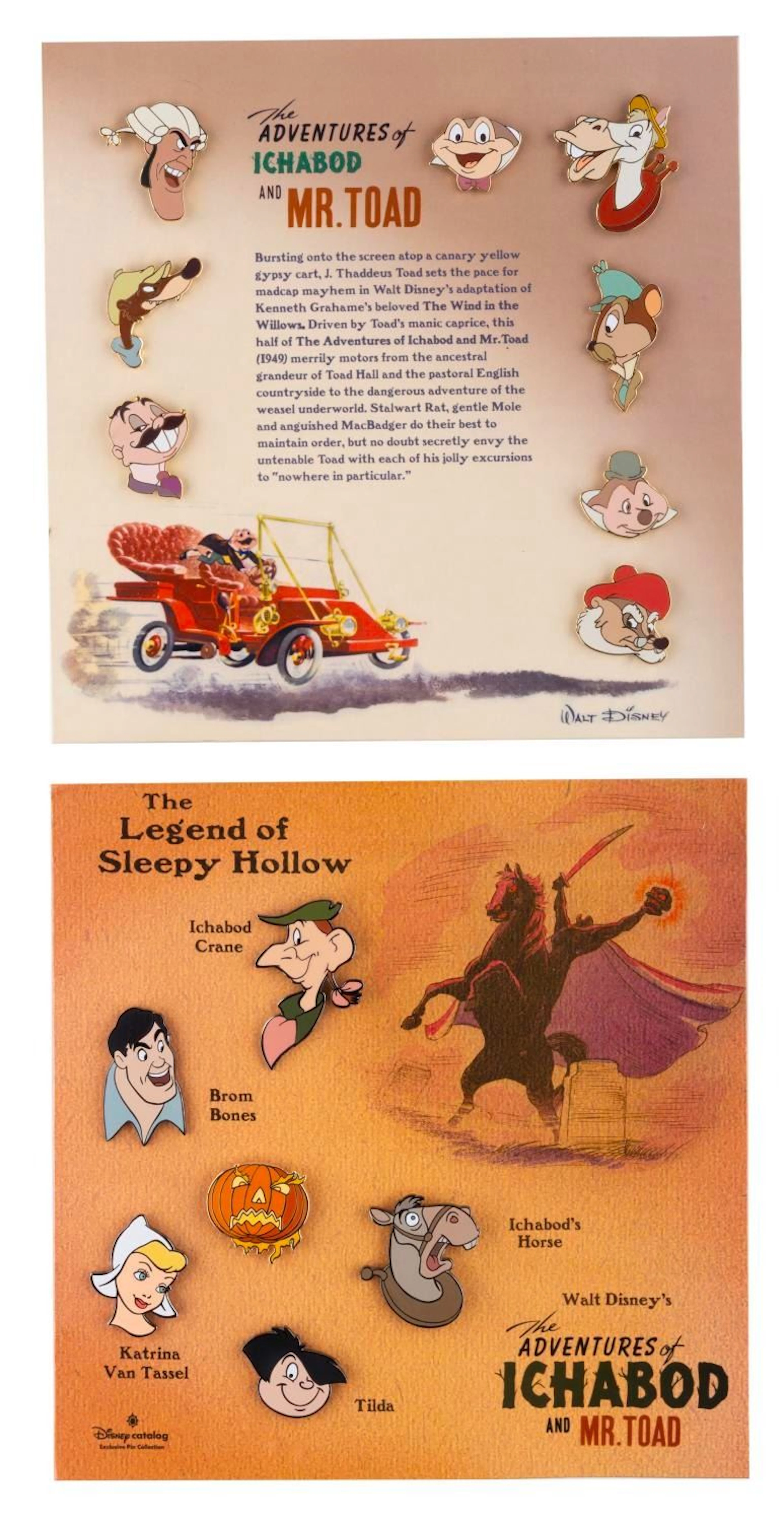 A Pair of "The Adventures of Ichabod and Mr. Toad" Pin Sets.