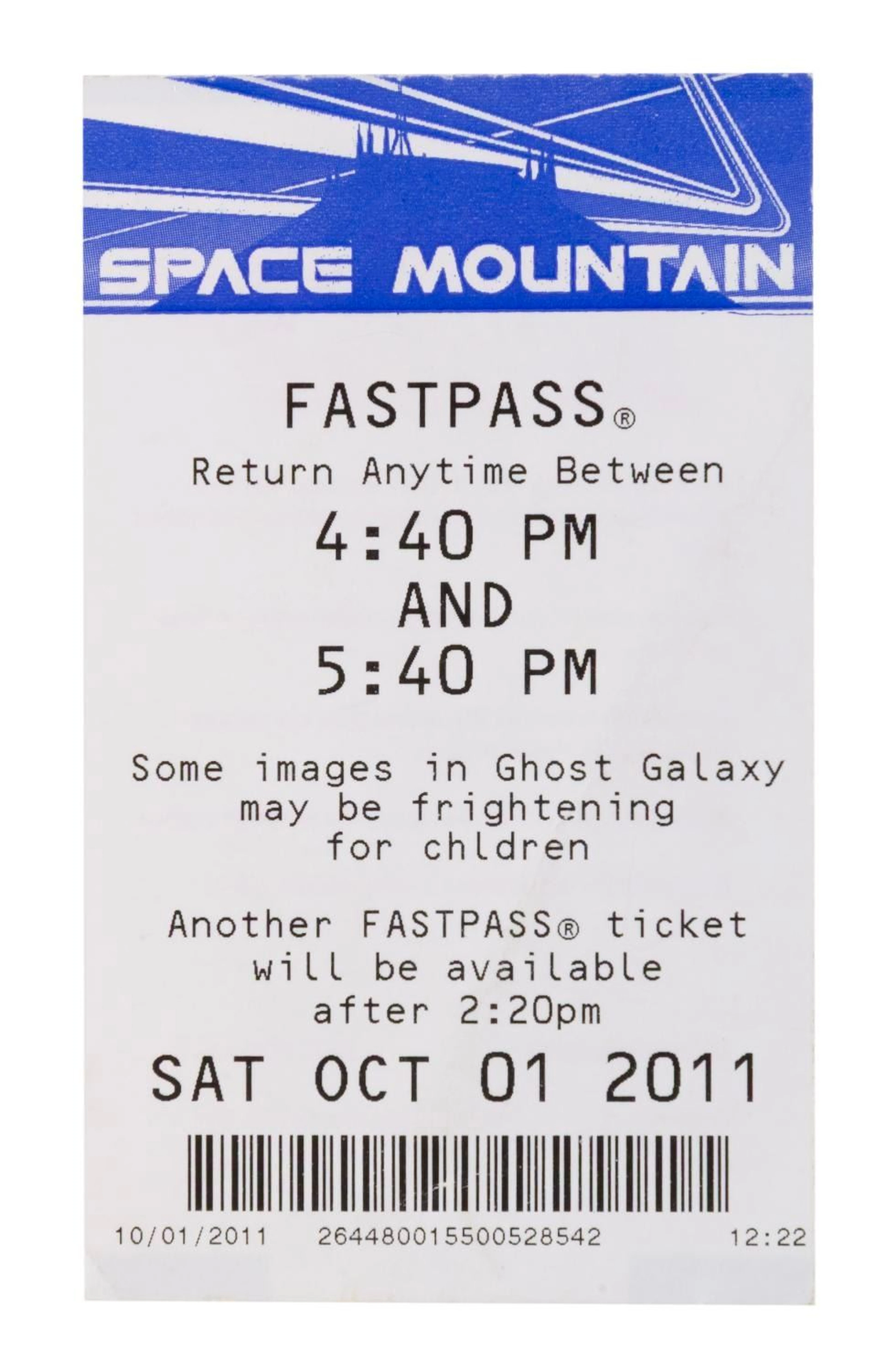 A Space Mountain Ghost Galaxy FastPass Ticket.