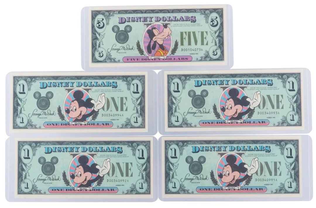 The First Walt Disney World 1987 Series DA $1 and $5 Bills.