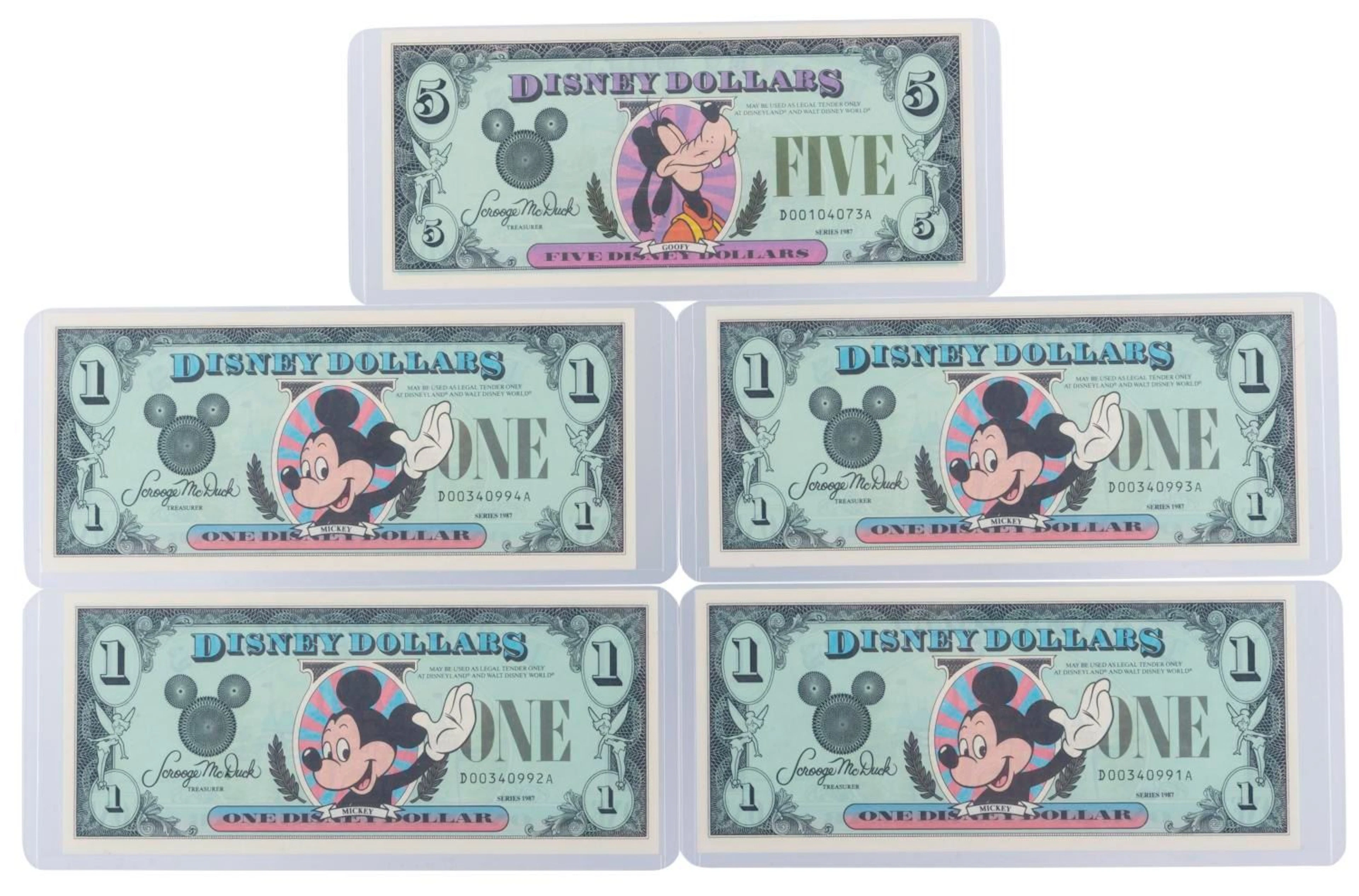 The First Walt Disney World 1987 Series DA $1 and $5 Bills.