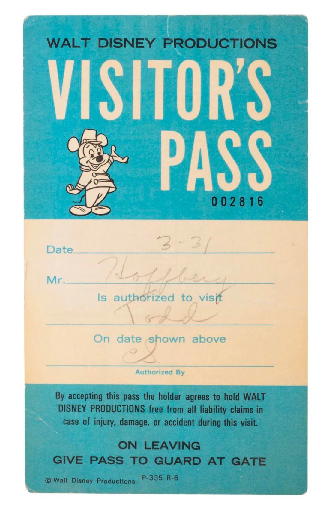 A Walt Disney Productions Visitor's Pass.