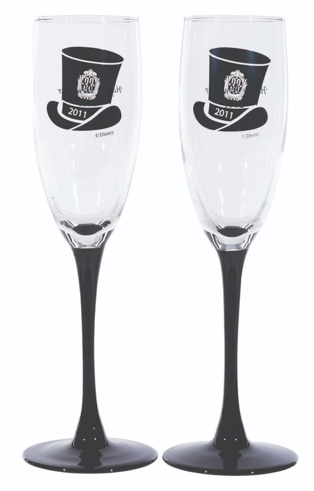 A Pair of Club 33 Black-Stemmed New Year's 2011 Glasses.