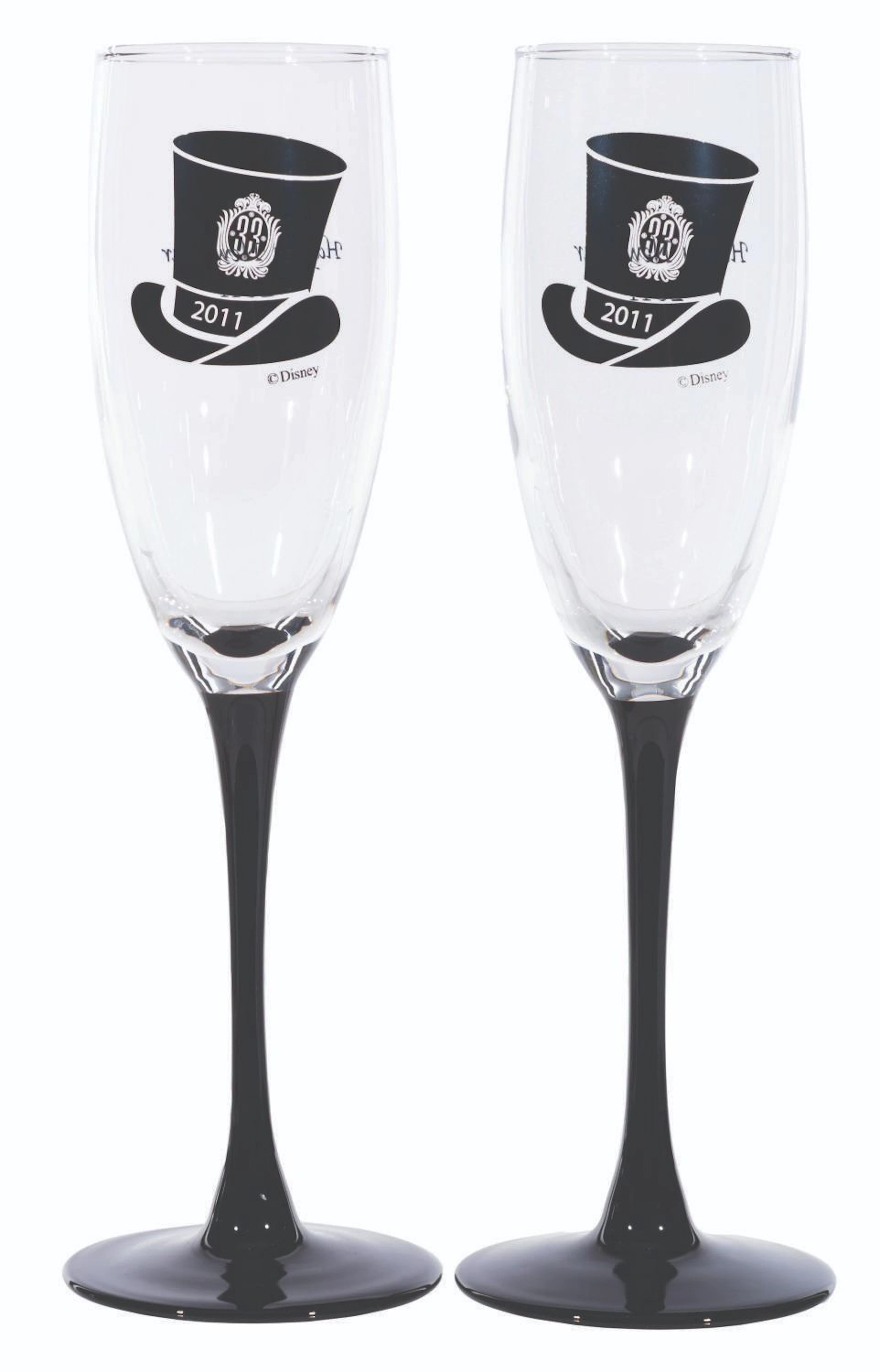 A Pair of Club 33 Black-Stemmed New Year's 2011 Glasses.