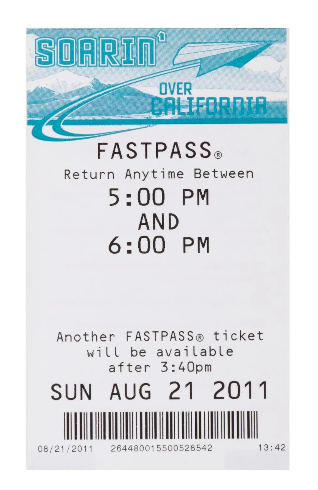 A Soarin' Over California 2011 FastPass Ticket.