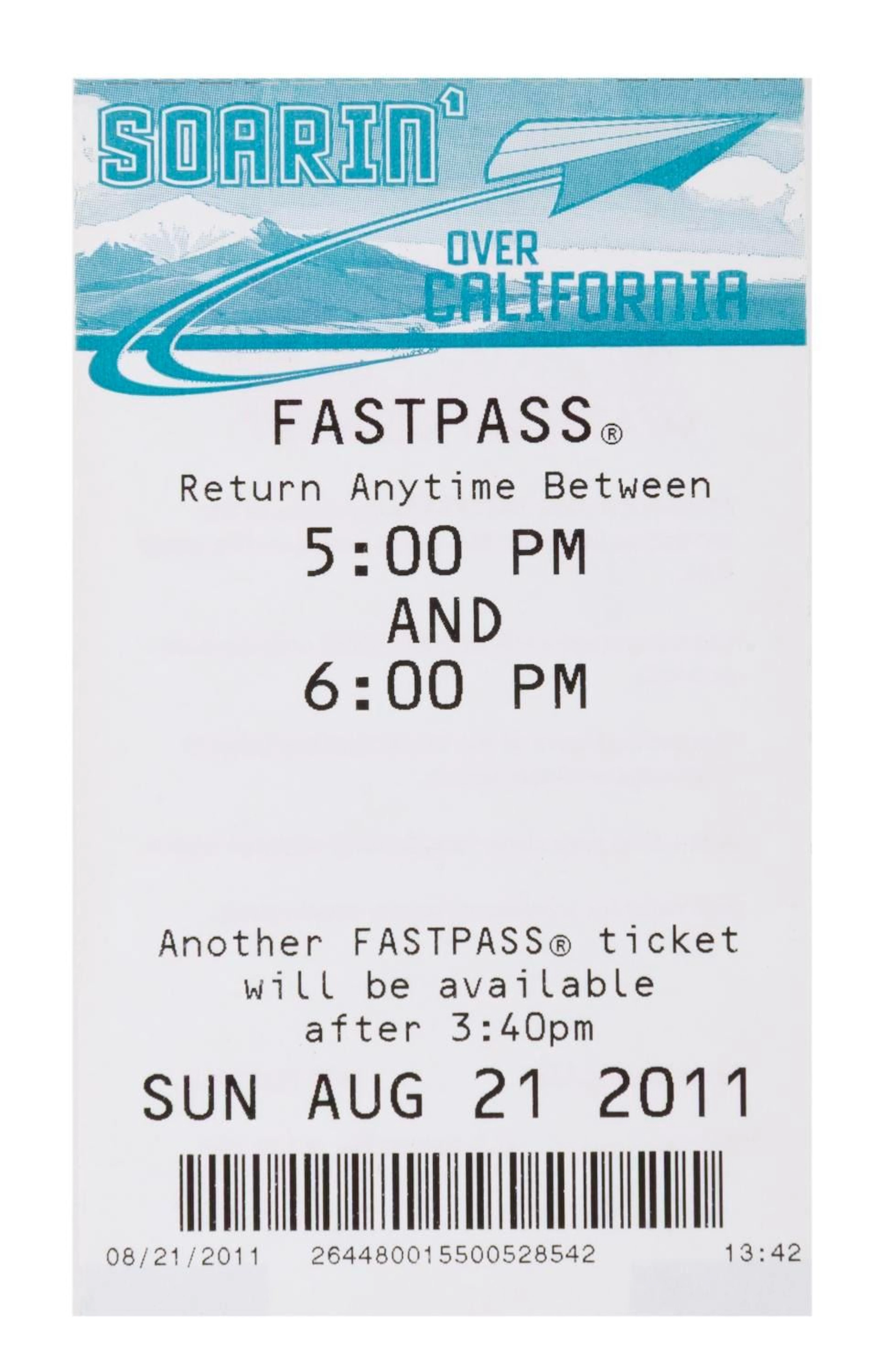 A Soarin' Over California 2011 FastPass Ticket.