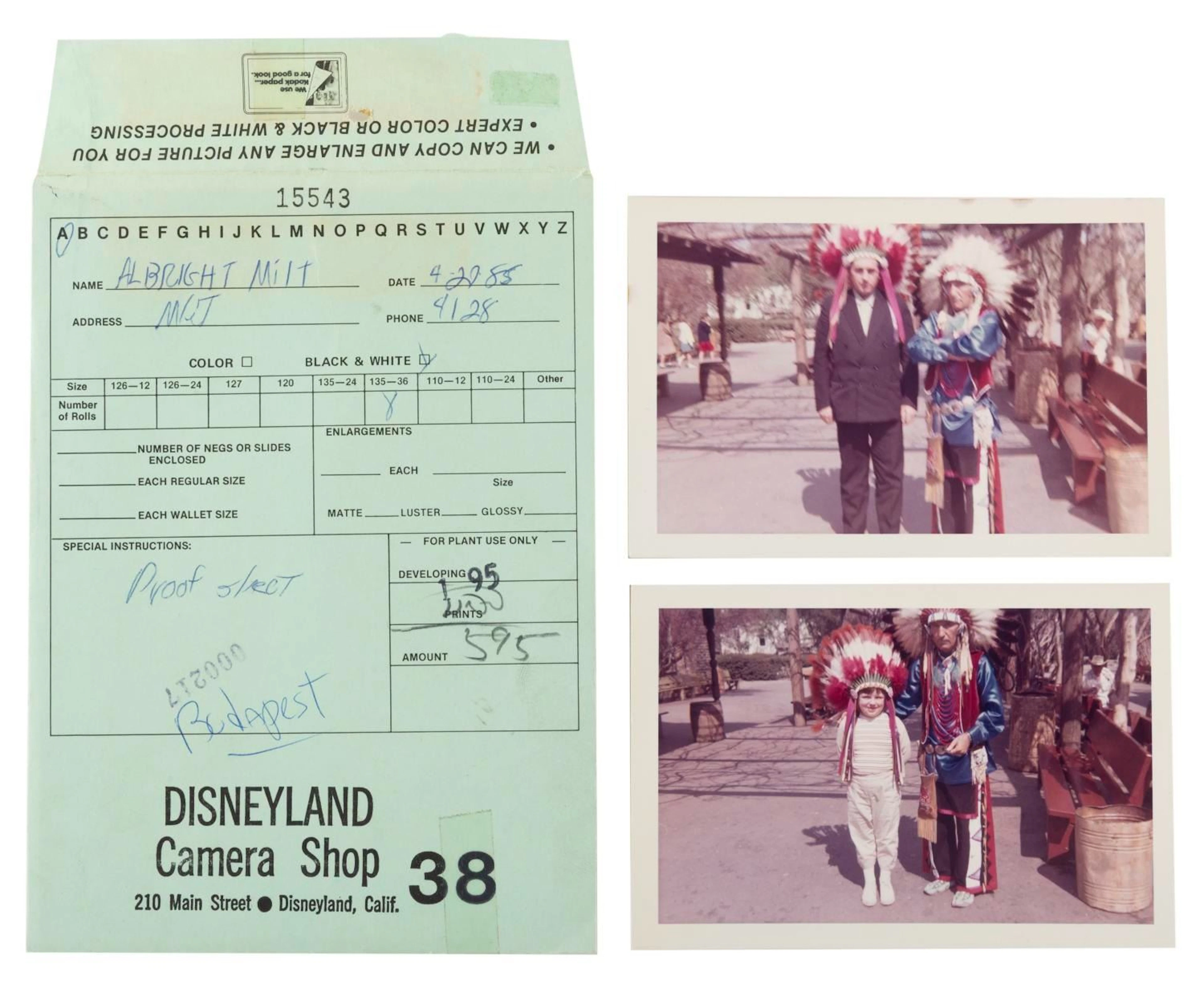 A Disneyland Camera Shop Envelope & Indian Village Photos.