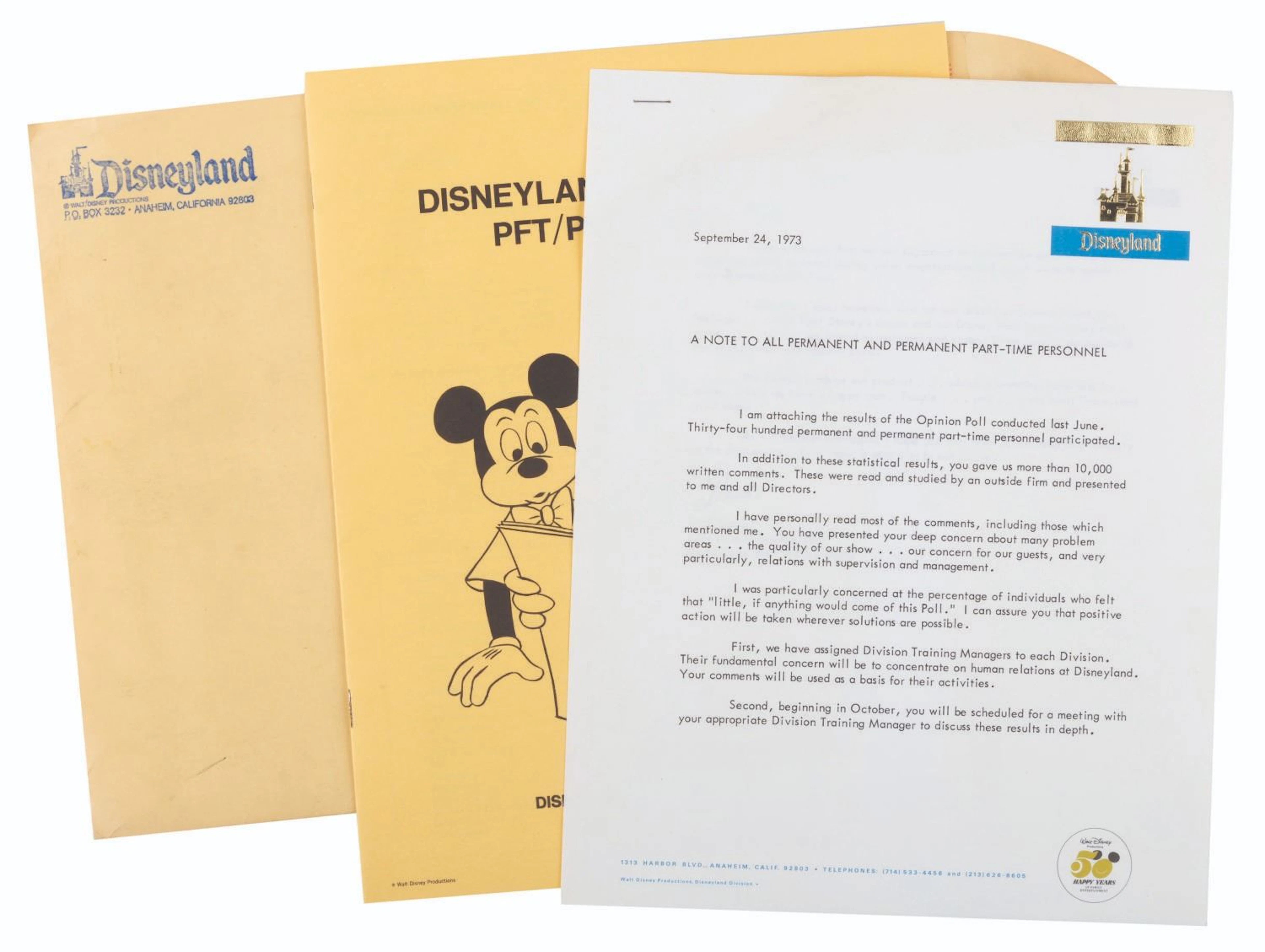 A Disneyland Opinion Poll Results Packet and Letter.