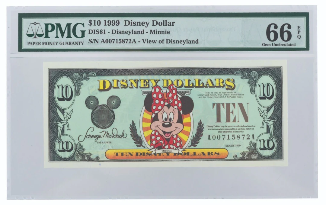 A $10 1999 Minnie Mouse Disney Dollar.