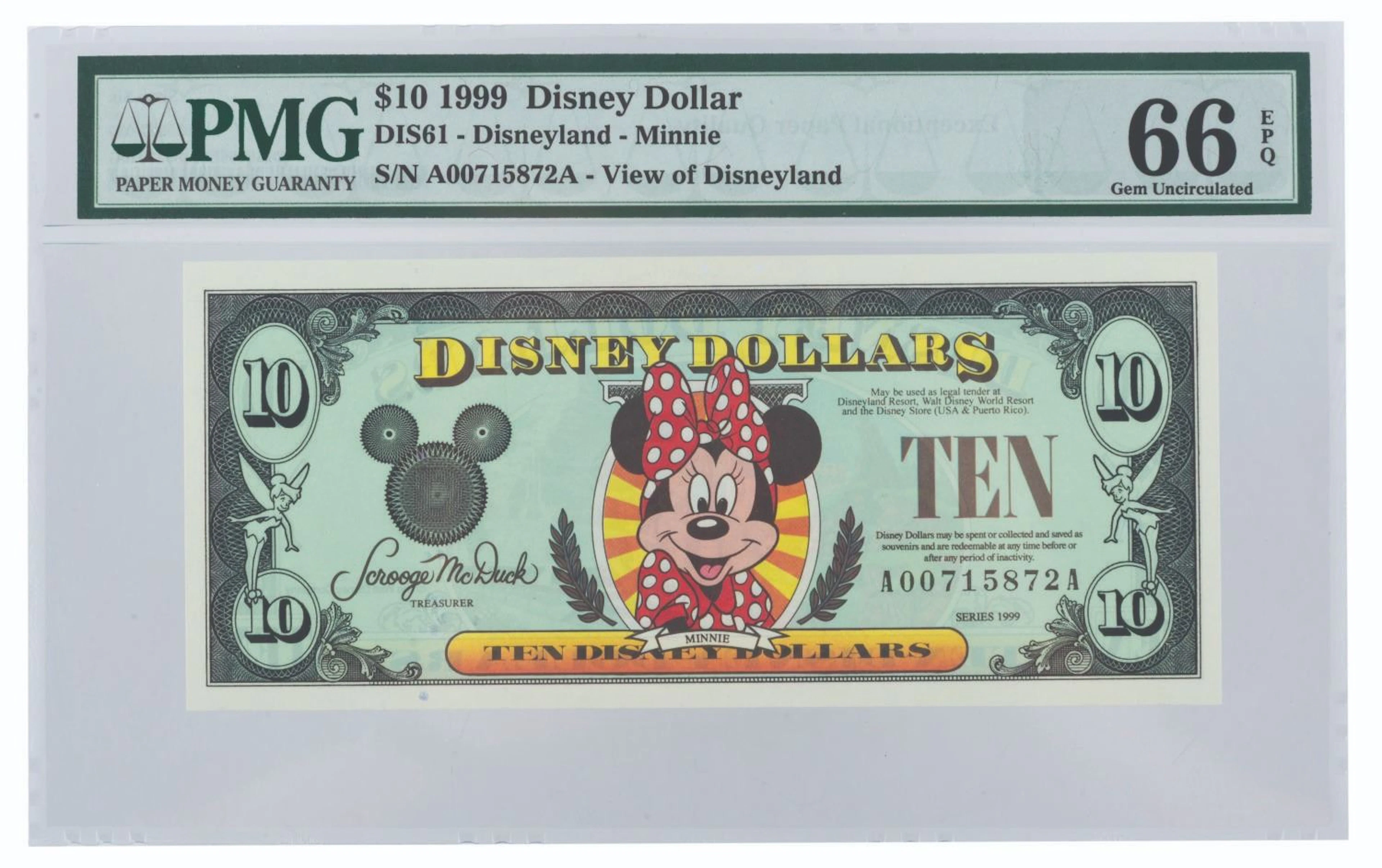 A $10 1999 Minnie Mouse Disney Dollar.