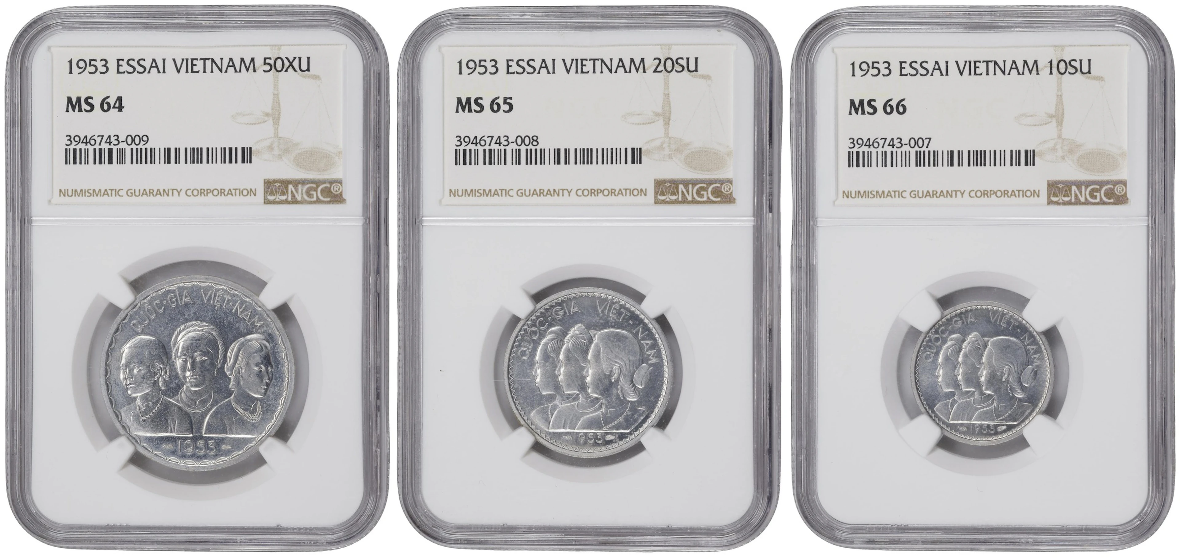 VIETNAM. Aluminum Essai (Pattern) Set (3 pieces), 1953. All NGC Certified.