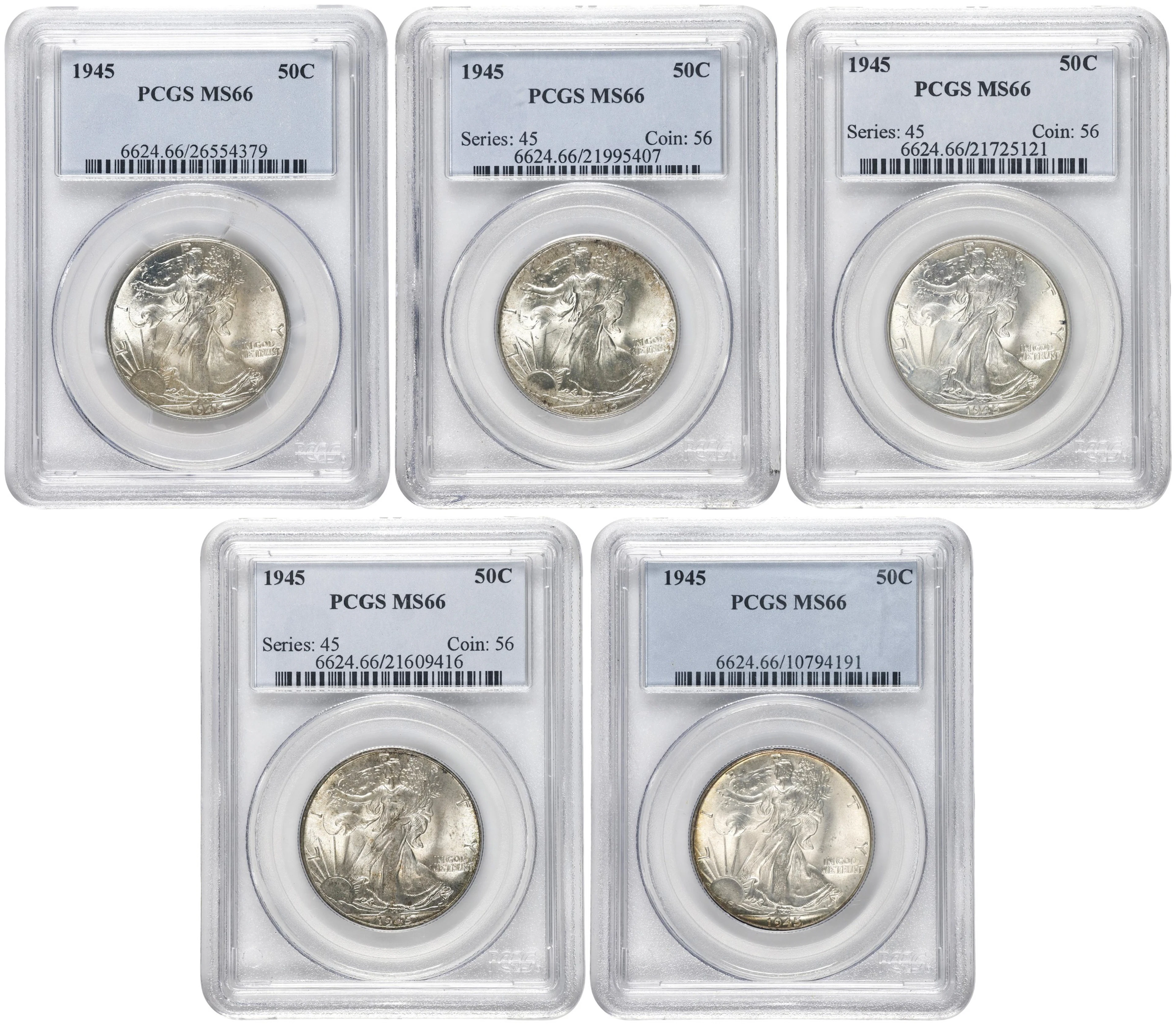 Lot of (5) 1945 Walking Liberty Half Dollars. MS-66 (PCGS).