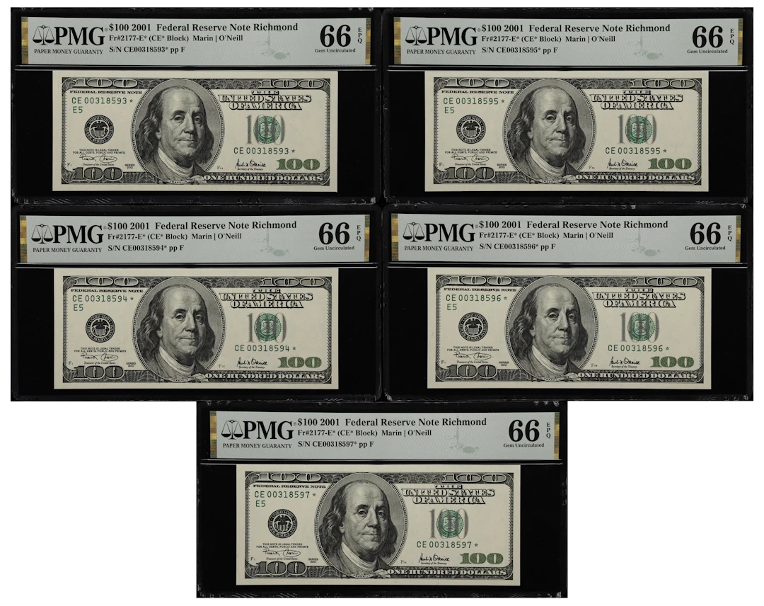 Lot of (5) Fr. 2177-E*. 2001 $100 Federal Reserve Star Notes. Richmond.