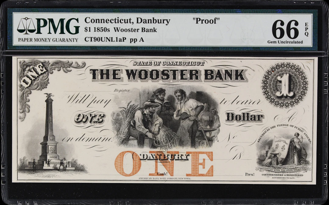 Danbury, Connecticut. Wooster Bank. 18xx $1. PMG Gem Uncirculated