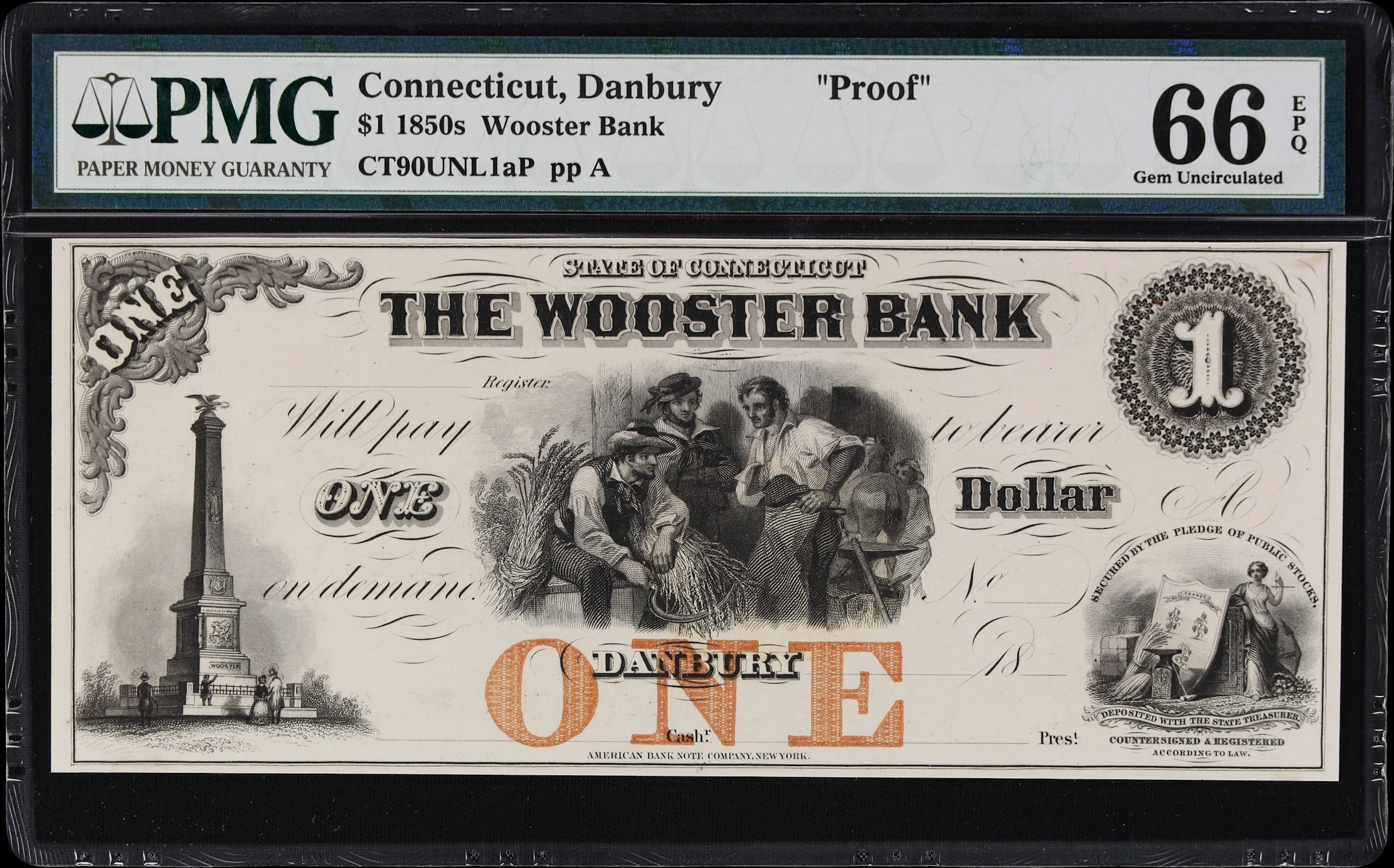 Danbury, Connecticut. Wooster Bank. 18xx $1. PMG Gem Uncirculated