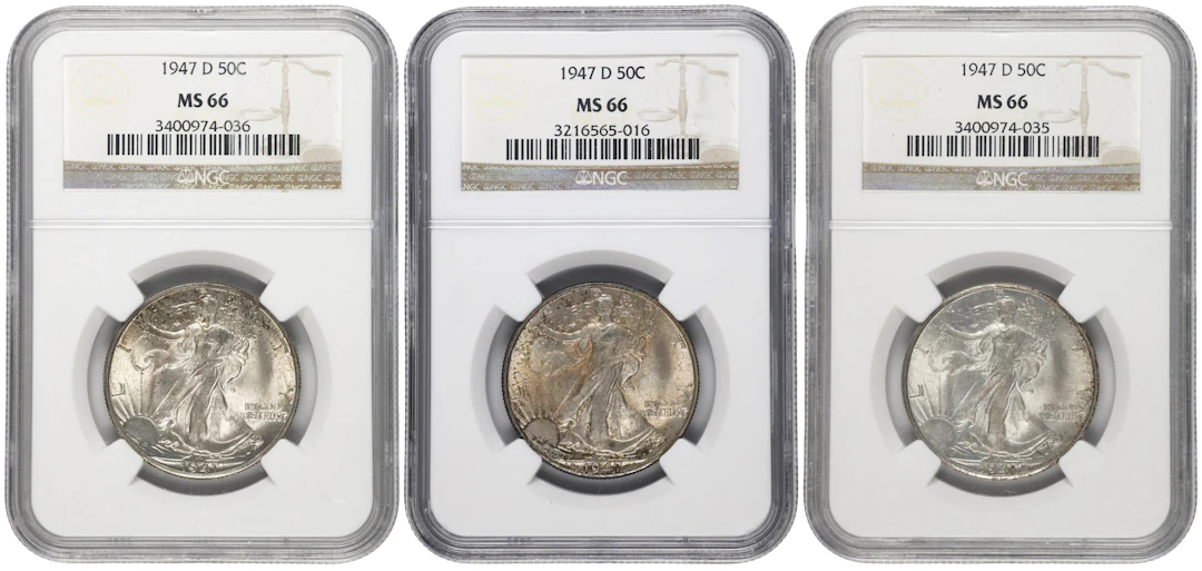 Lot of (3) 1947-D Walking Liberty Half Dollars. MS-66 (NGC).