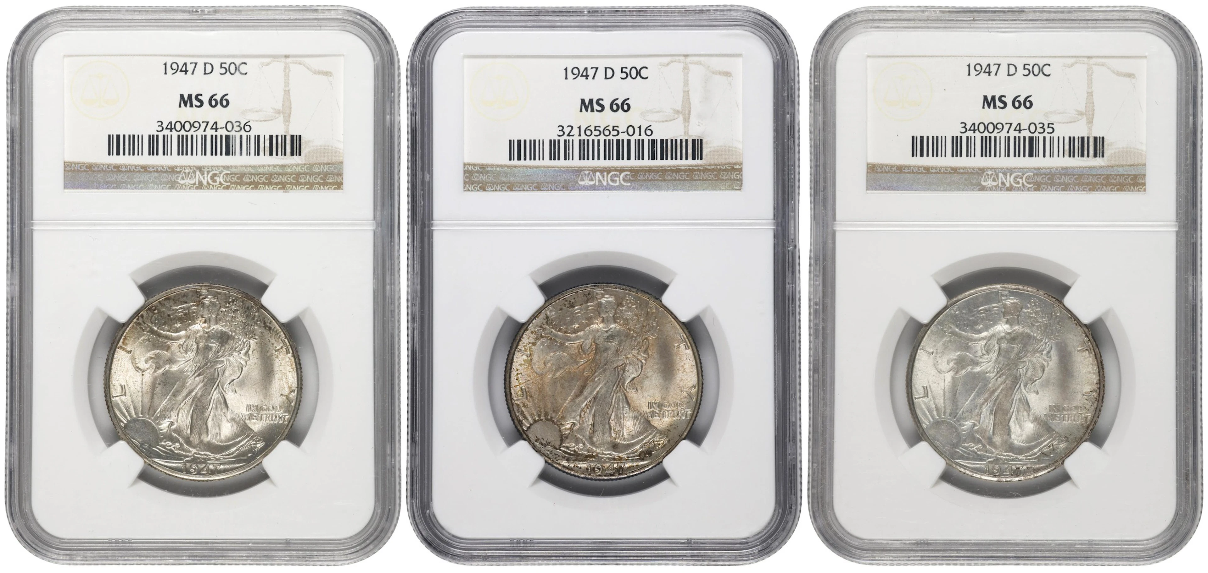 Lot of (3) 1947-D Walking Liberty Half Dollars. MS-66 (NGC).
