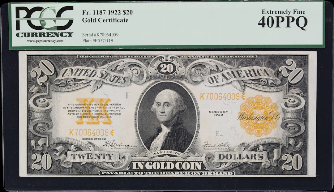 Fr. 1187. 1922 $20 Gold Certificate. PCGS Currency Extremely Fine 40 PPQ.