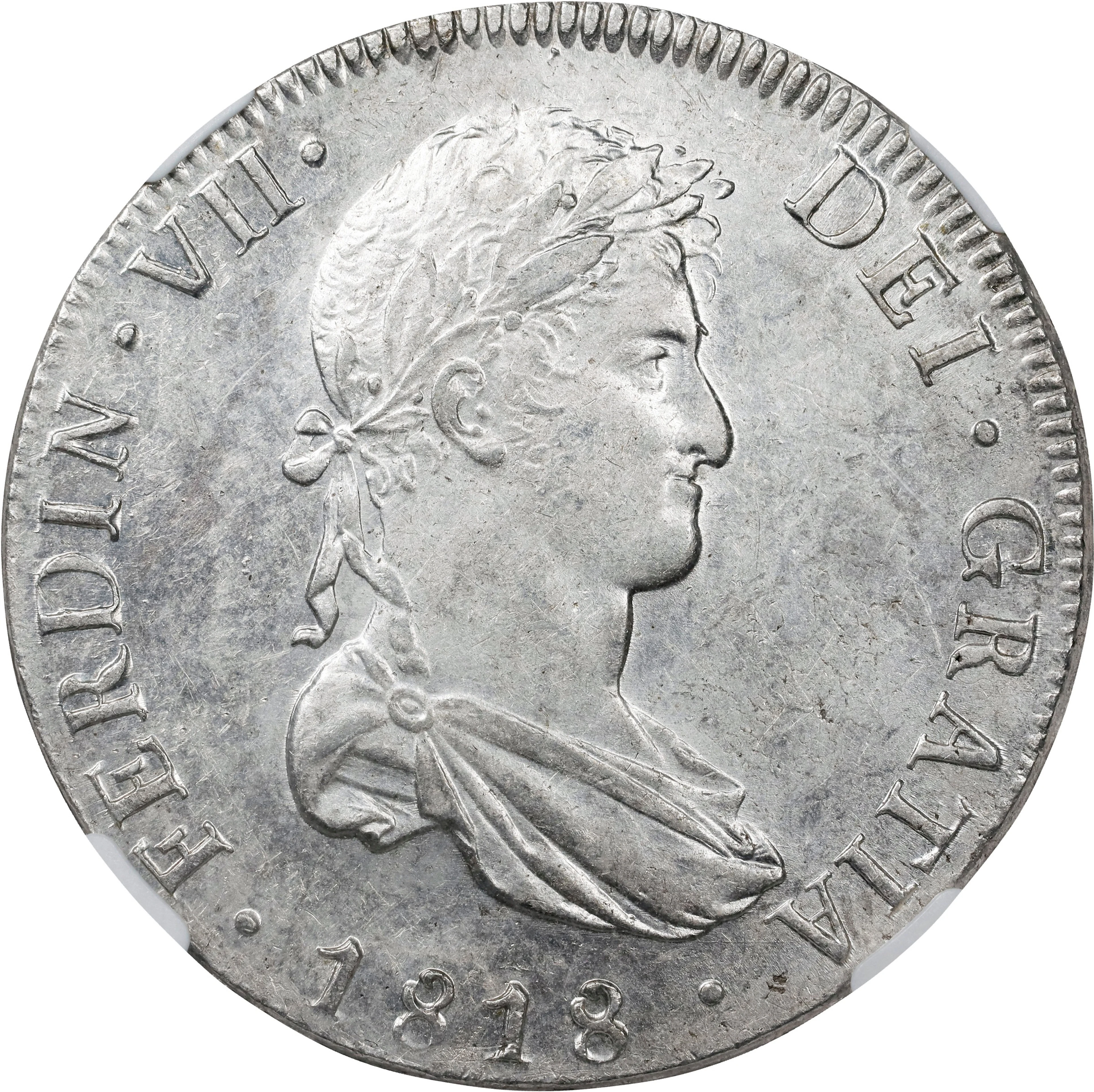BOLIVIA. 8 Reales, 1818-PTS PJ. Potosi Mint. Ferdinand VII. NGC AU-55.