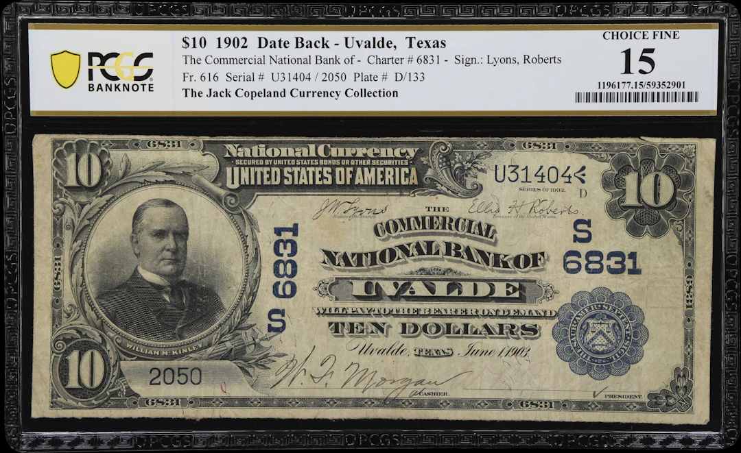 Uvalde, Texas. $10 1902 Date Back. Fr. 616. Commercial NB. Charter