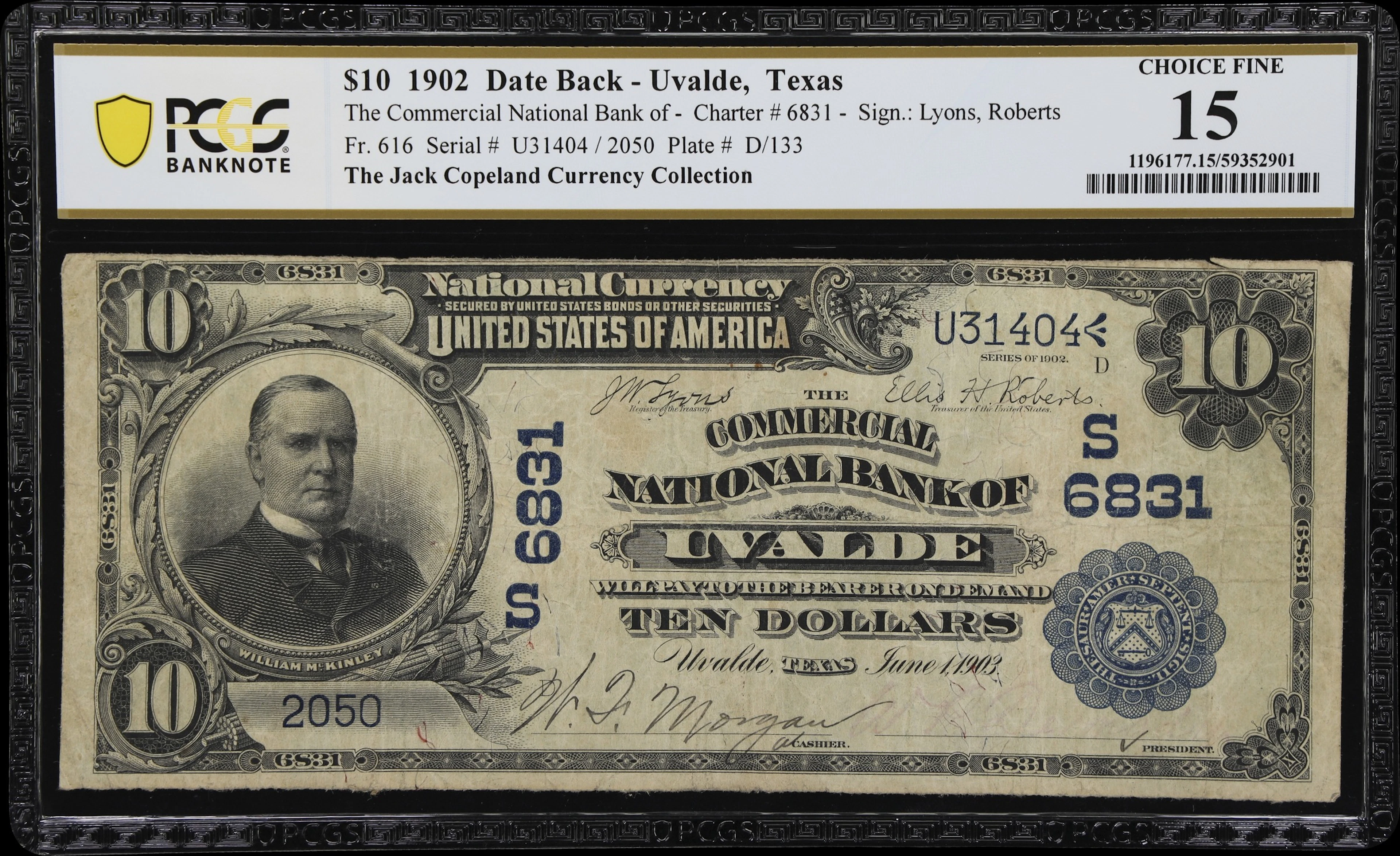 Uvalde, Texas. $10 1902 Date Back. Fr. 616. Commercial NB. Charter