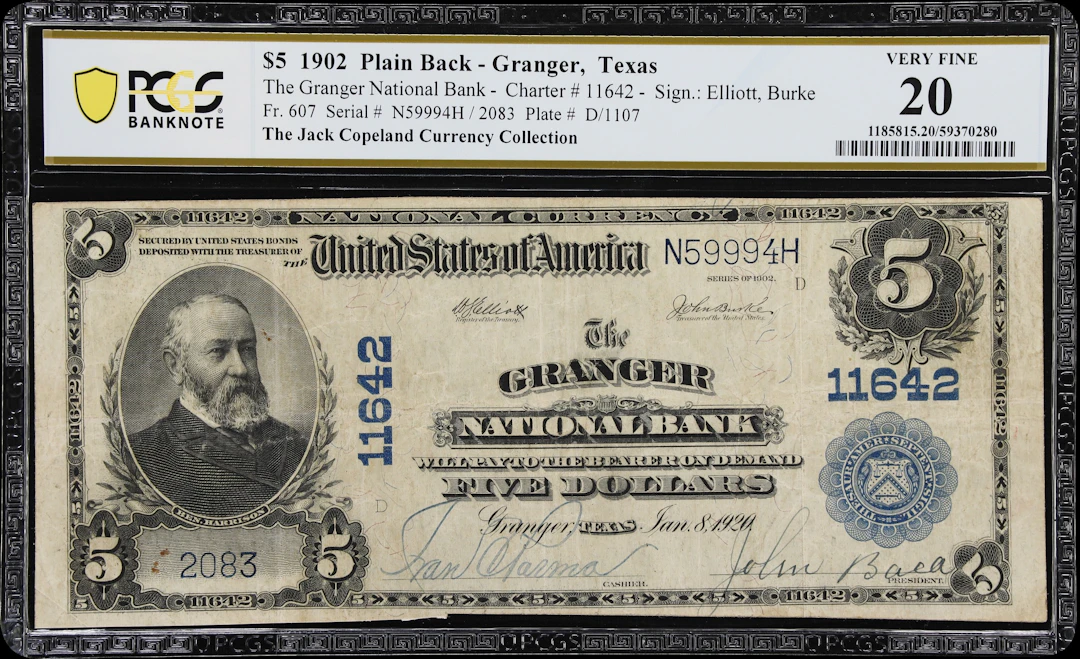 Granger, Texas. $5 1902 Plain Back. Fr. 607. Granger NB. Charter #11642.