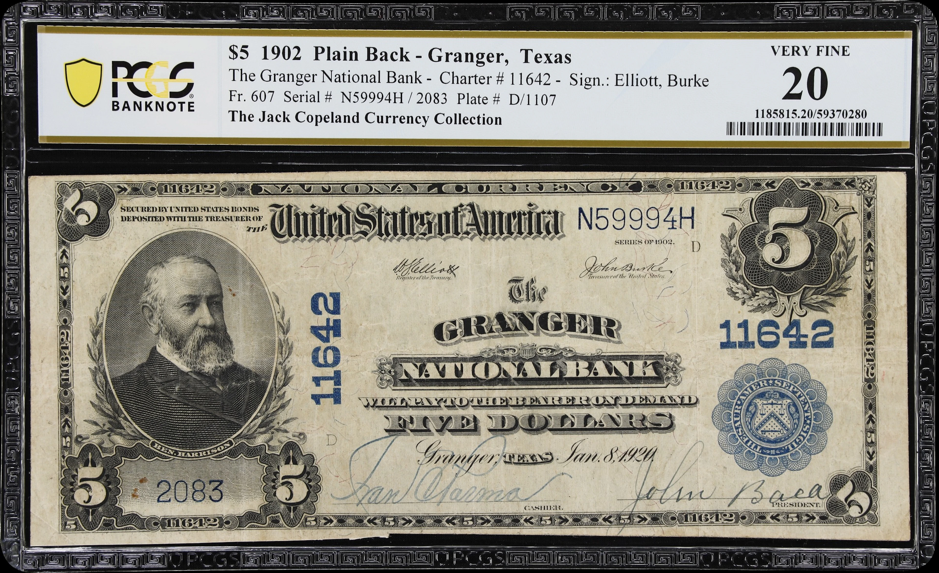 Granger, Texas. $5 1902 Plain Back. Fr. 607. Granger NB. Charter #11642.