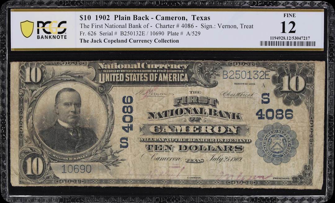 Cameron, Texas. $10 1902 Plain Back. Fr. 626. First NB. Charter #4086.