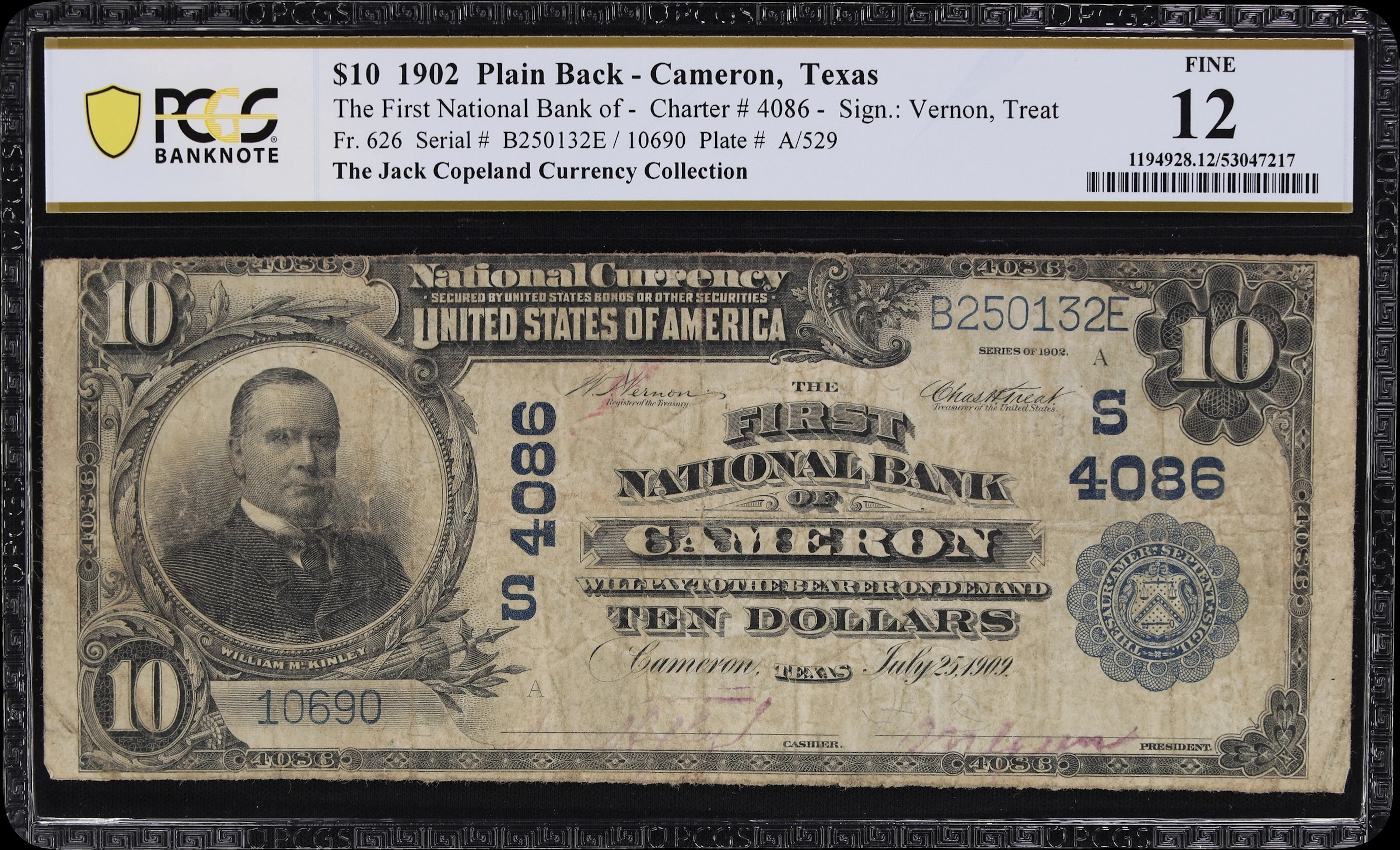 Cameron, Texas. $10 1902 Plain Back. Fr. 626. First NB. Charter #4086.