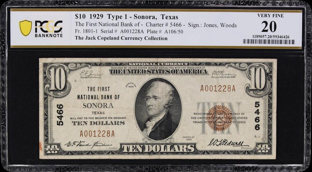 Sonora, Texas. $10 1929 Ty. 1. Fr. 1801-1. First NB. Charter #5466.