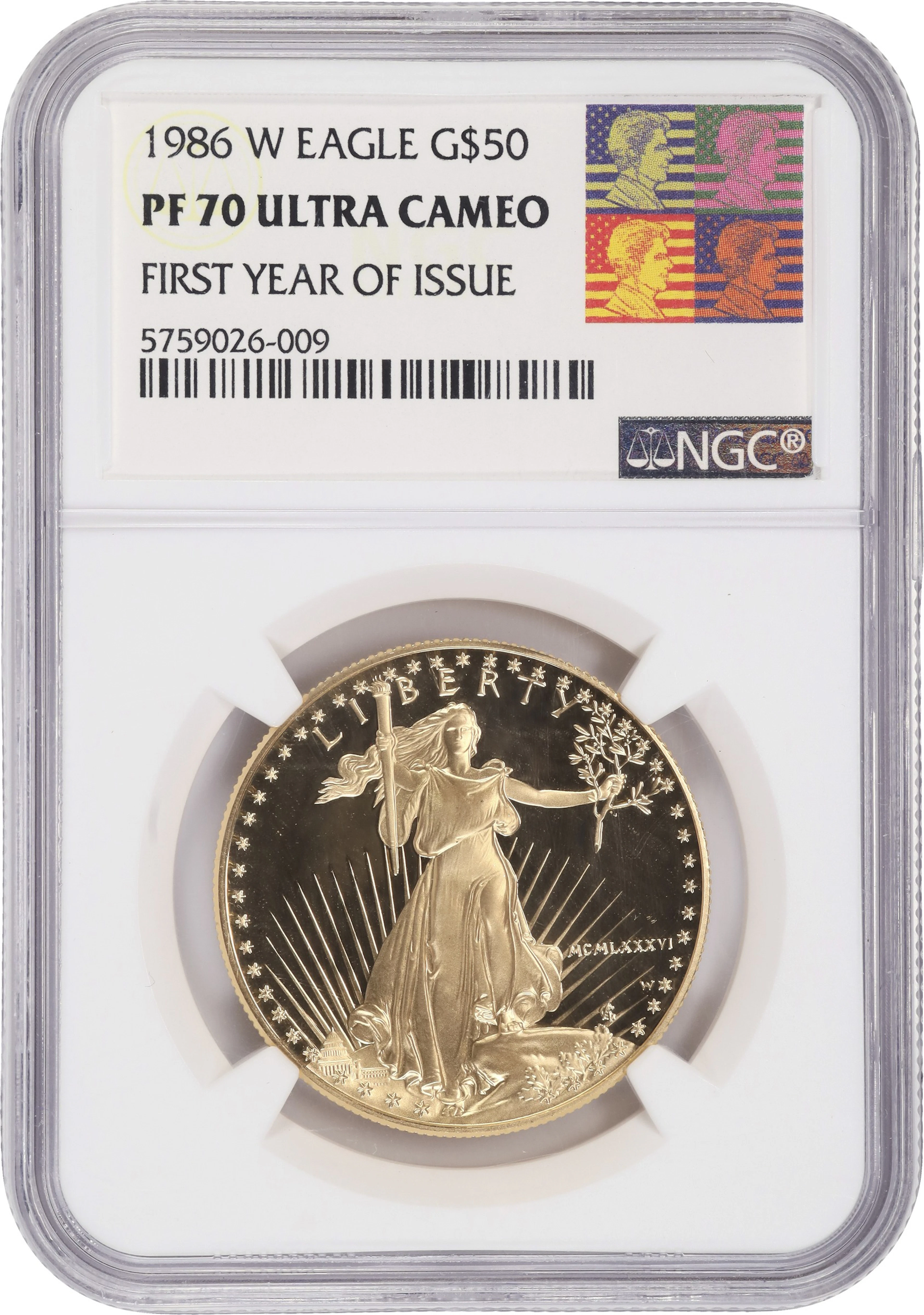 (1 oz, 31.104 g AGW). 1986-W American Gold Eagle $50. PF-70 Ultra Cameo (NGC).