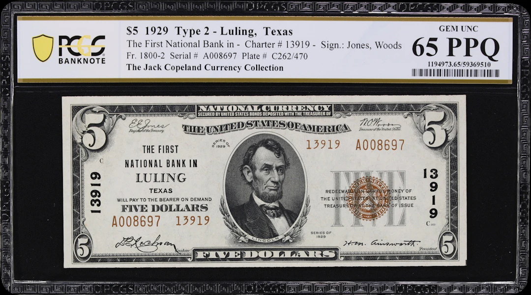 Luling, Texas. $5 1929 Ty. 2. Fr. 1800-2. First NB. Charter #13919.
