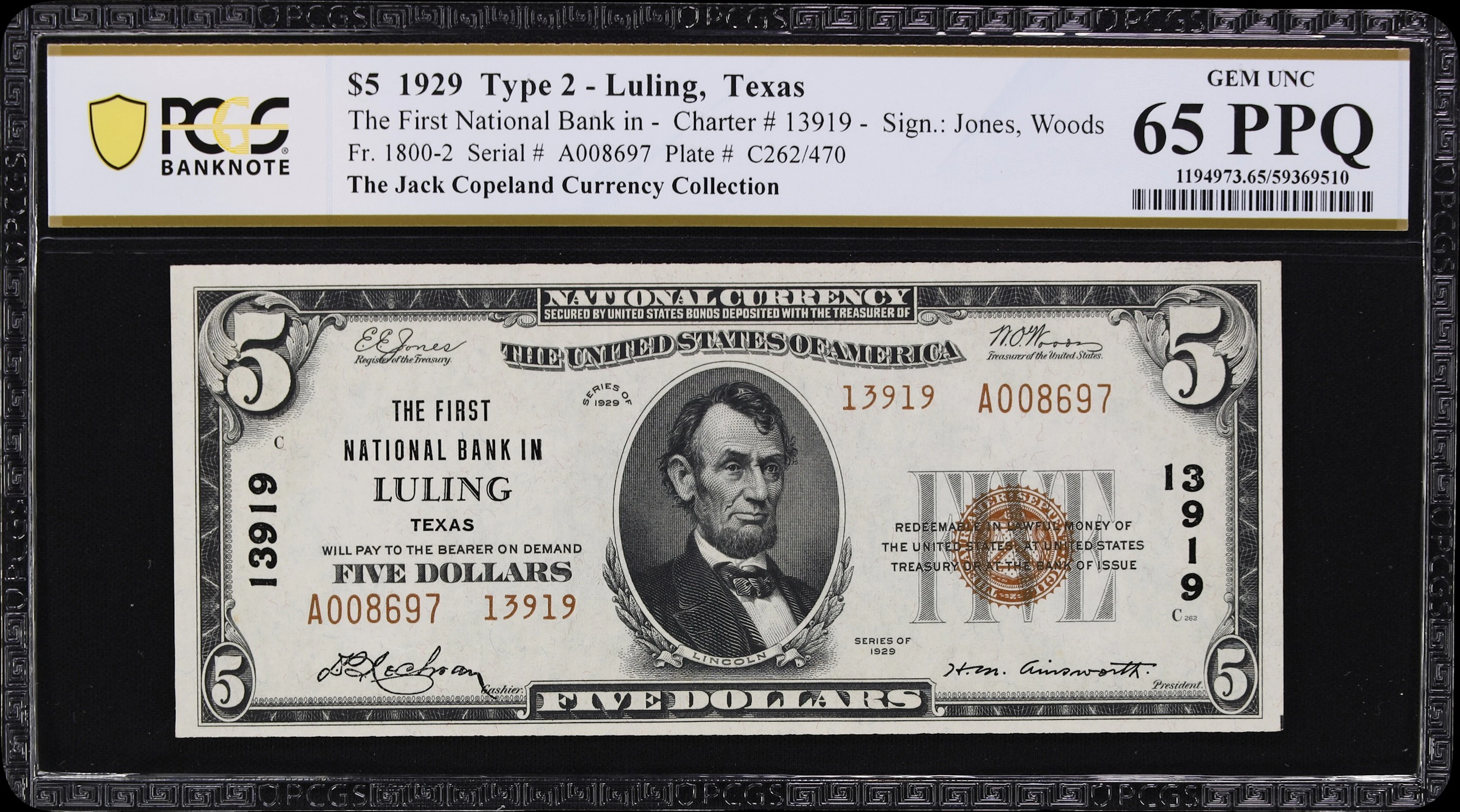 Luling, Texas. $5 1929 Ty. 2. Fr. 1800-2. First NB. Charter #13919.