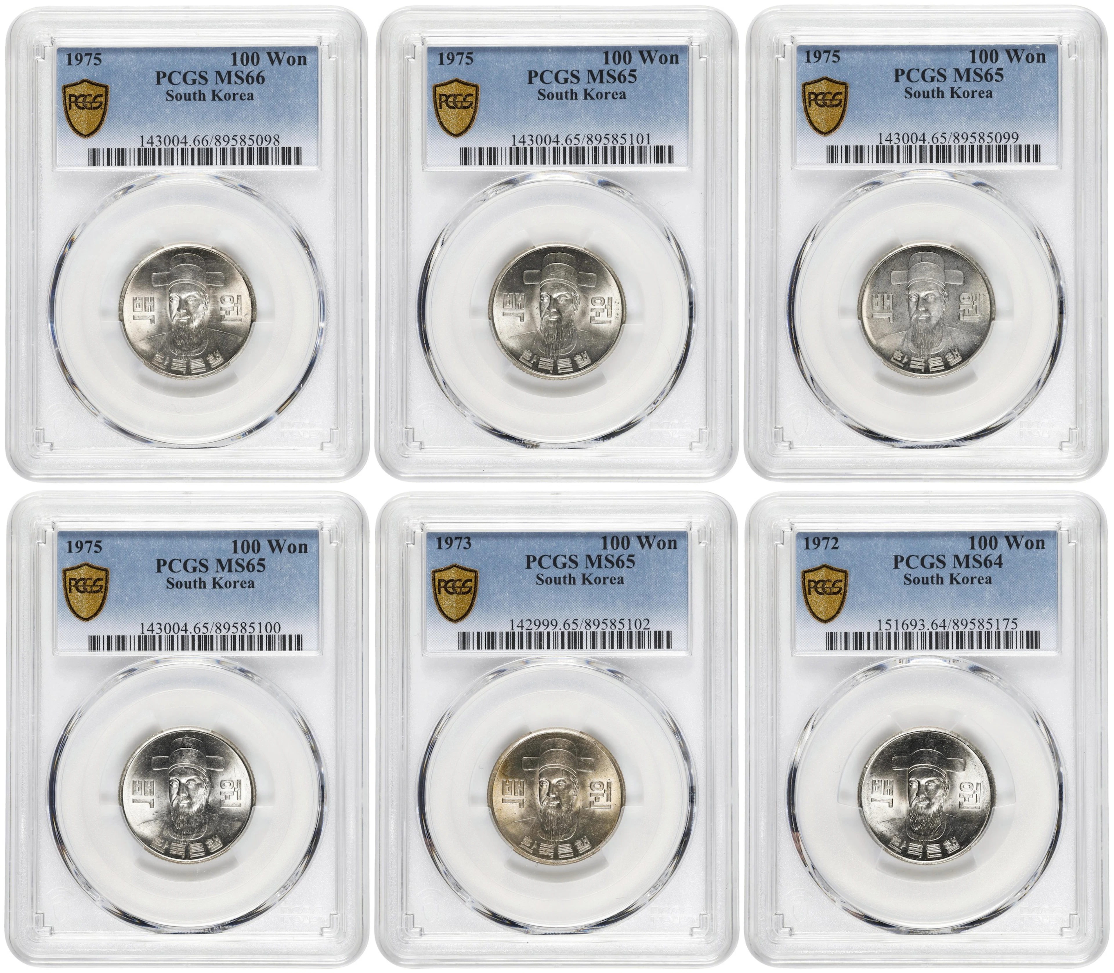 KOREA, SOUTH. Sextet of 100 Won (6 Pieces), 1972-75. Daejeon Mint.
