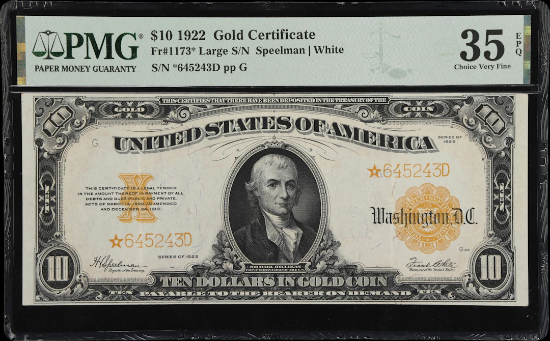 Fr. 1173*. 1922 $10 Gold Certificate Star Note. PMG Choice Very Fine 35 EPQ.