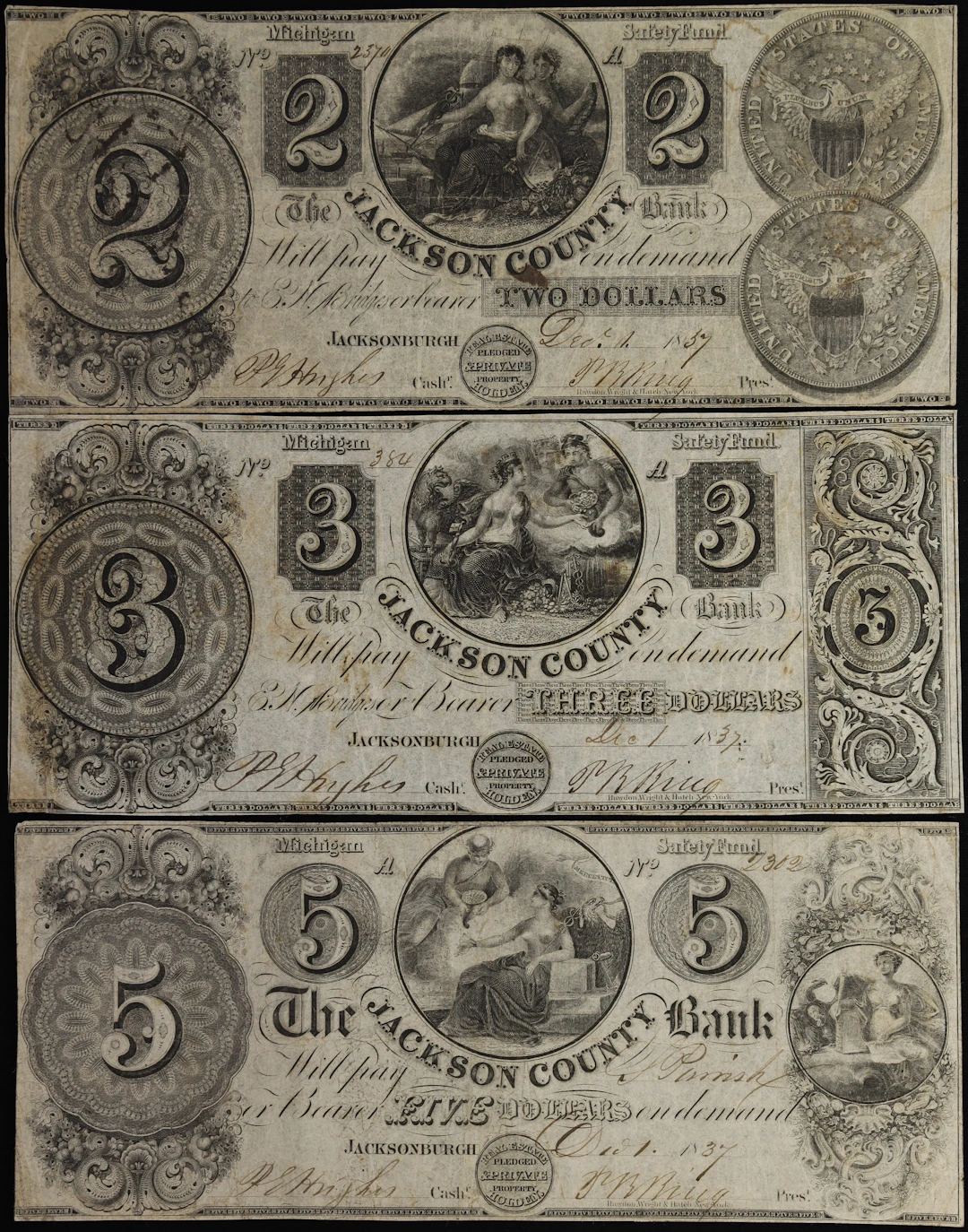 Lot of (3) Jacksonburgh, Michigan. Jackson County Bank. 1837 $2, $3