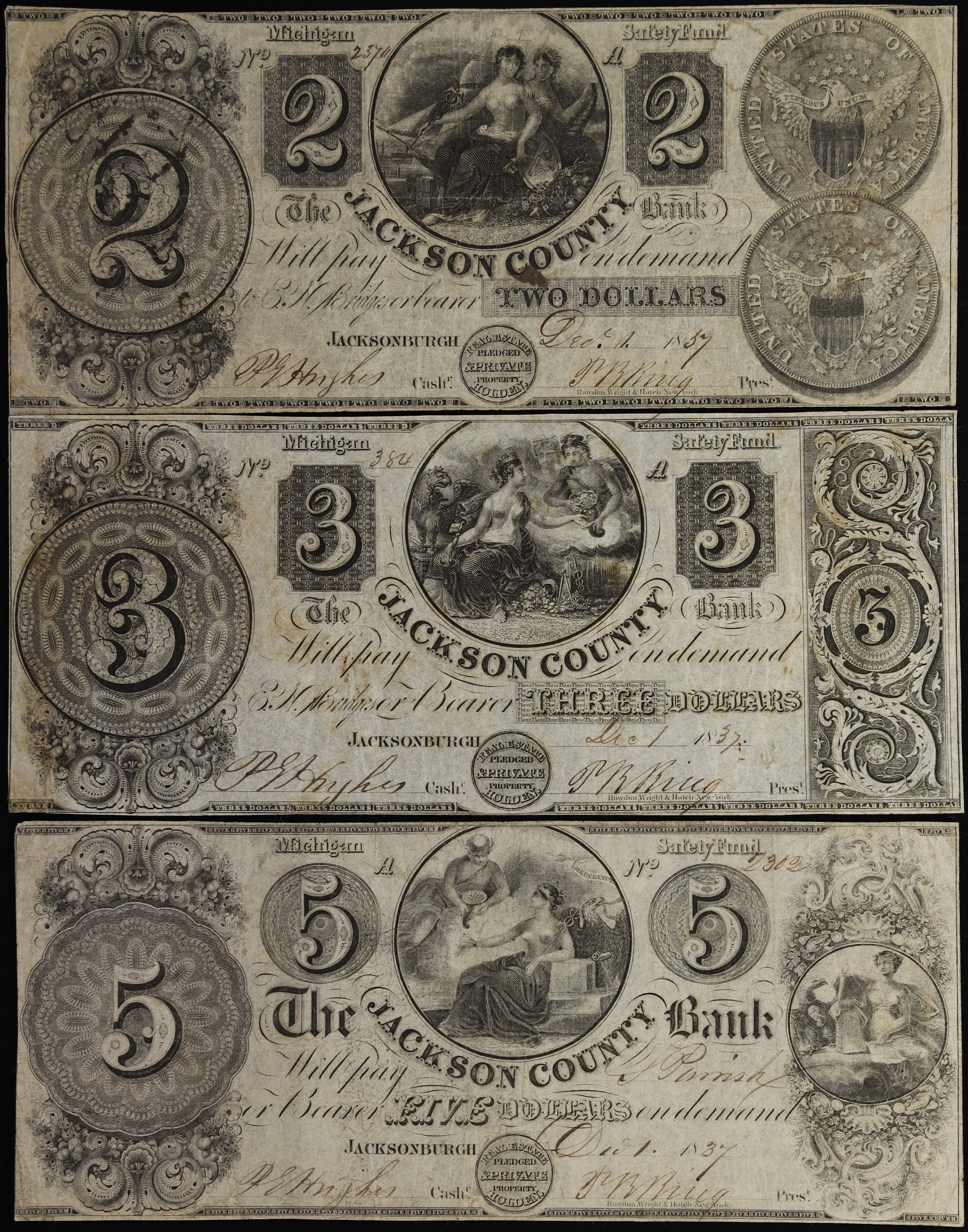 Lot of (3) Jacksonburgh, Michigan. Jackson County Bank. 1837 $2, $3