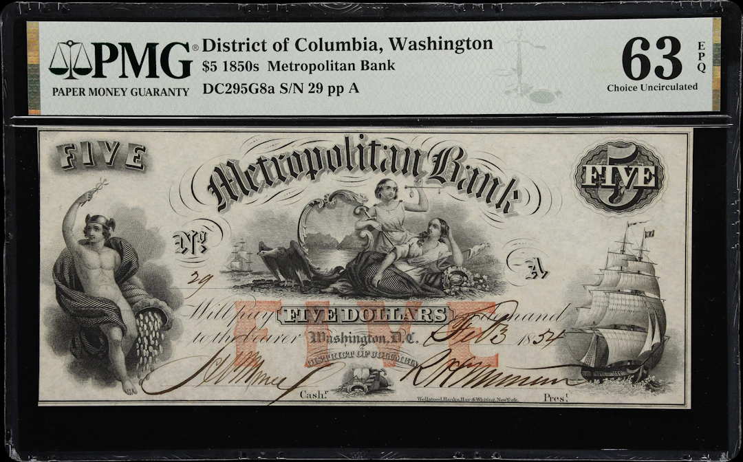 Washington, District of Columbia. Metropolitan Bank. 1854 $5. PMG